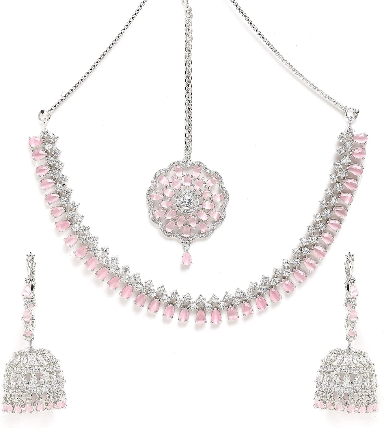 Women's Jewellery Sparkling American Diamond Collar Necklace with Designer Jhumka/Jhumki Earrings Maang Tikka €¦