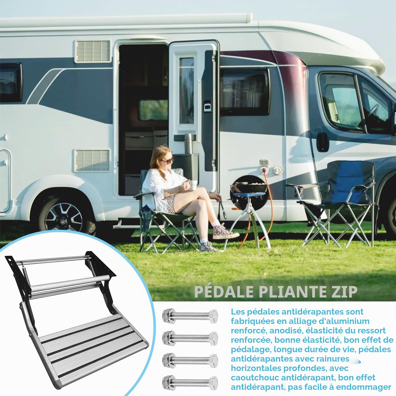JAOGAUS Marchepied Manuel pour Camping Car, Escalier Rétractable à 2 Marches, Antidérapant, Alliage d'Aluminium & Acier au Carbone, Haute Capacité, Marche RV Manuelle pour Van, Caravane, Camping-Car