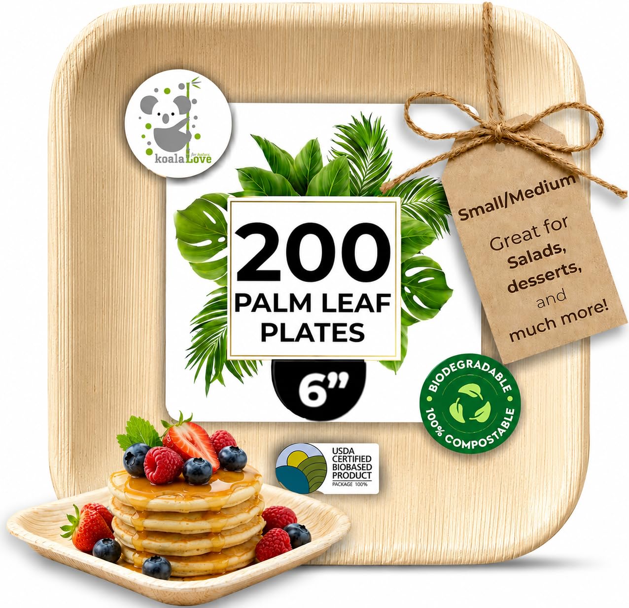 Photo 1 of Palm Leaf Plate Bamboo Paper Disposable 6 Inch 200 Bulk Appetizer and Dessert Square Party Pack Eco Biodegradable Compostable Wooden Plate Better Than Plastic By KoalaLove