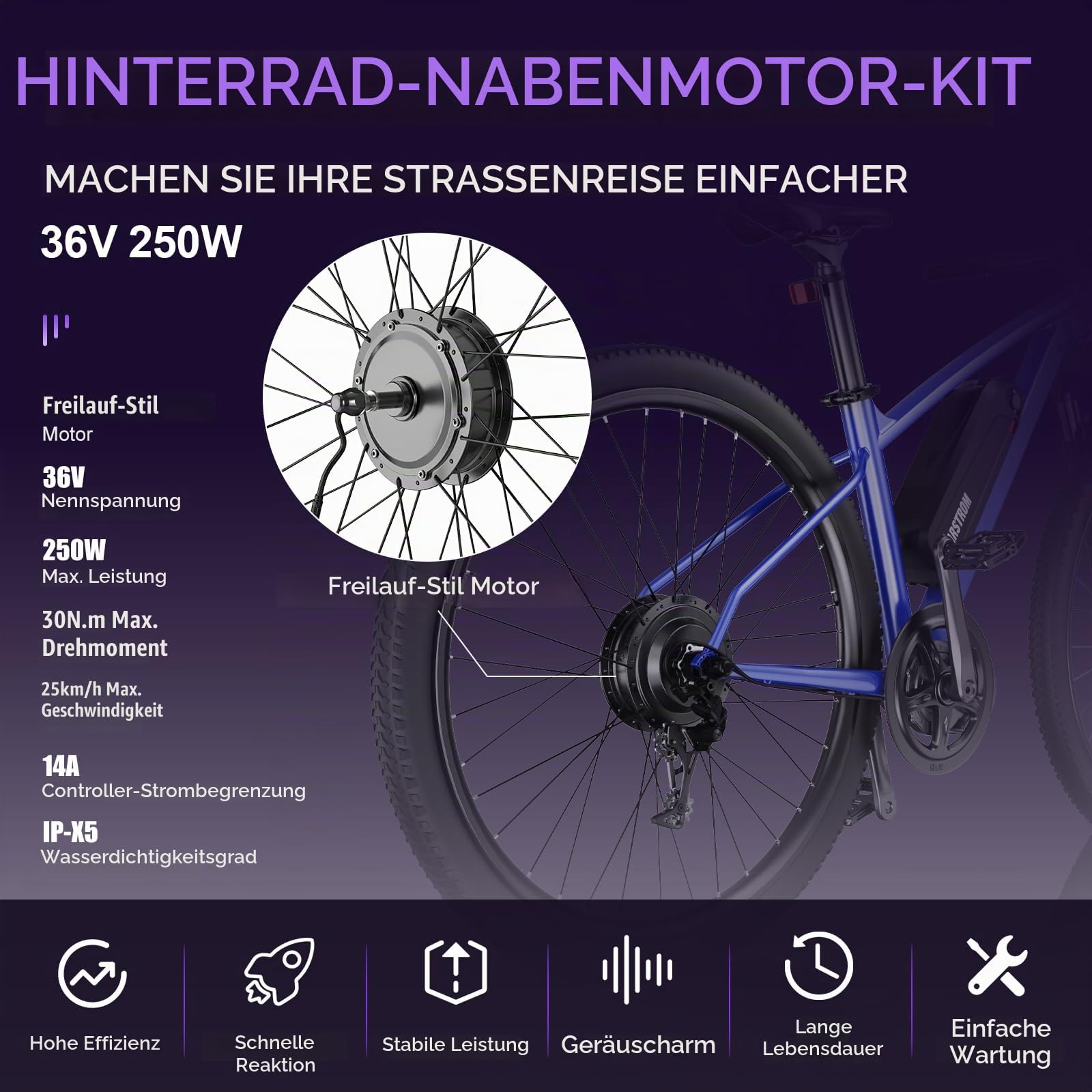 36V 250W E-Bike Umbausatz 26 27,5 28 29 Zoll Hinterrad Nabenmotor