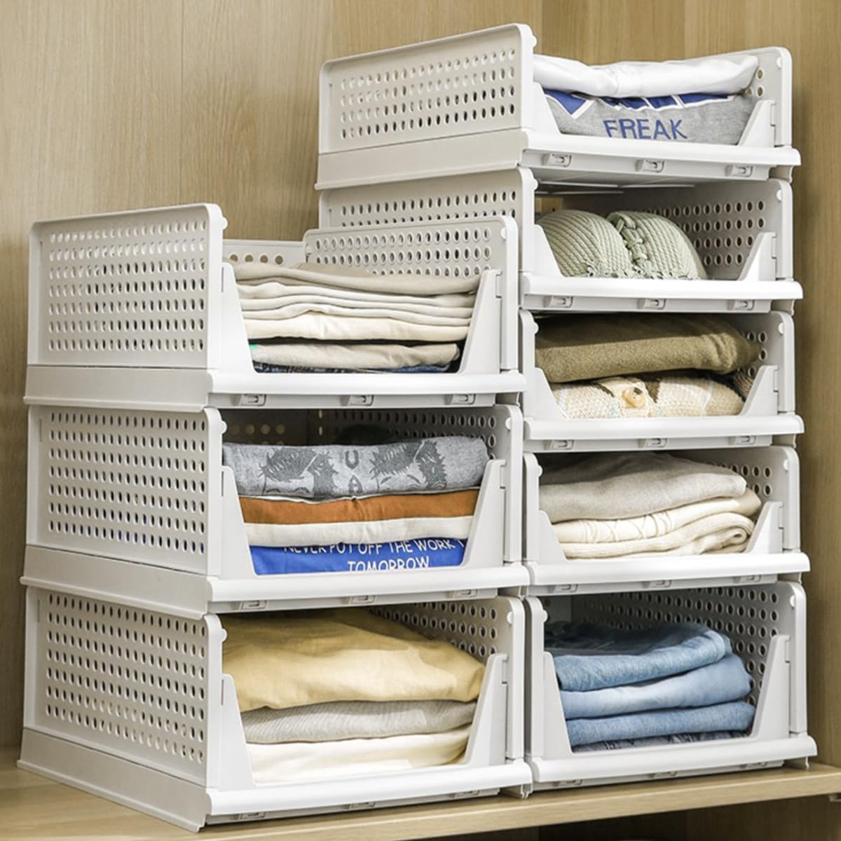 Organizador de Armario Apilable, 5pcs Organizador Armario Cajones, Extraible Plegable Organizadoras para Armario Plastico,para Ropa Dormitorio Baño| Blanco, 43x33x18cm