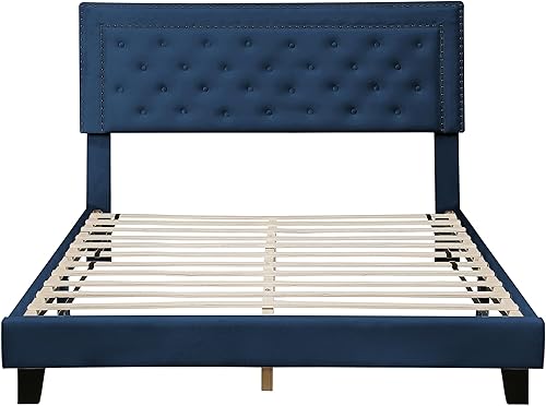 Miniatura 7 de Morden Fort Base de cama tamaño Queen alta ajustable, cama tapizada de terciopelo moderna con cabecero, listones de madera, no necesita somier,