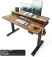 FEZIBO 48x24 Electric Height Adjustable Standing Desk with Double Drawers & Storage Shelf, Rustic Brown Sit-Stand Home Office Table