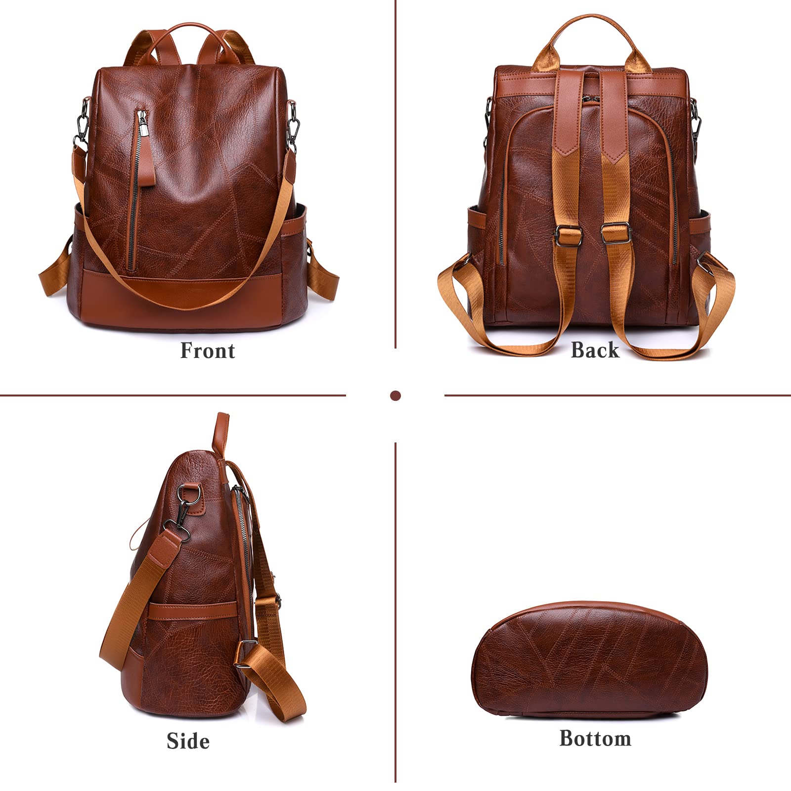 Antivol Sac à Dos Femme Sacs à Bandoulière Fille Sac D'école Étanche PU Cuir Backpack pour L'école Travail Loisirs Marron