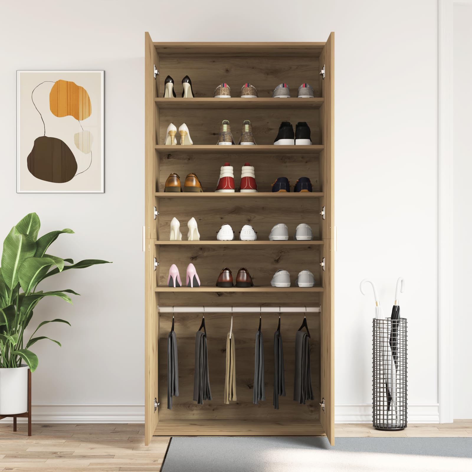 Szafa na buty Artisan dąb 80 x 39 x 180 cm, materiał drewnopochodny z 5 półkami i 2 drzwiczkami do przechowywania i wytrzymała konstrukcja
