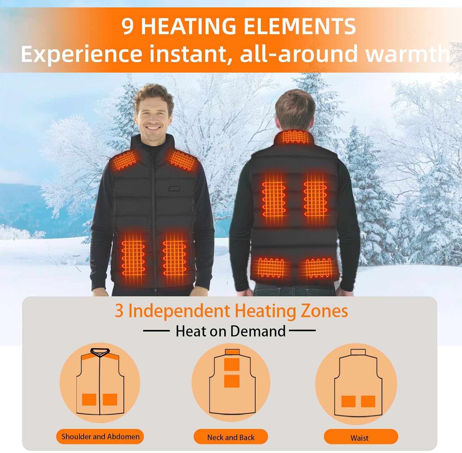 Heated Vest for Men Women with 16000mAh 7.4V Battery Pack Adjustable Heating Jacket 9 Heating Zones Windproof