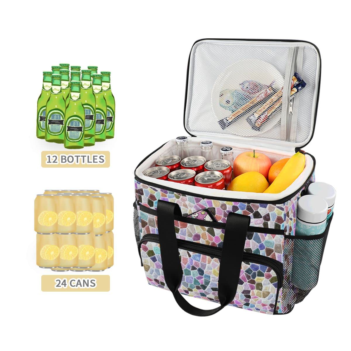 Bolsa de picnic de 15 L, 24 latas, bolsa de almuerzo aislada con mármol, bolsas para viajes, camping, barbacoa, actividades al aire libre, asas, correa para el hombro