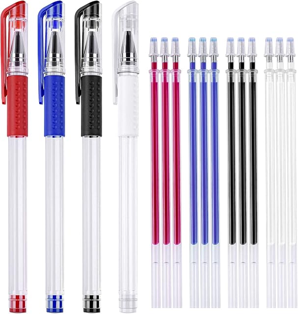 Aodaer 4 Heat Erase Empty Pens with 12 Erasable Pen Refills Fabric Marking Pens Heat Erase Pens for Leather, Fabric, Quilting, Dressmaker, White, Red, Blue, Black