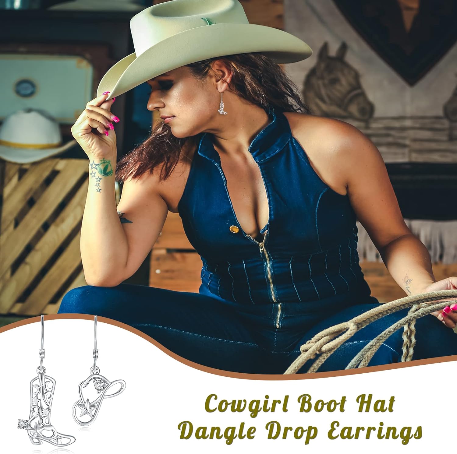Cowboy Cowgirl Boot Hat Earrings for Women 925 Sterling Silver Western Turquoise Jewelry Western Gifts Cowgirl Texas Boots Spur Dangle Drop Earring Hypoallergenic