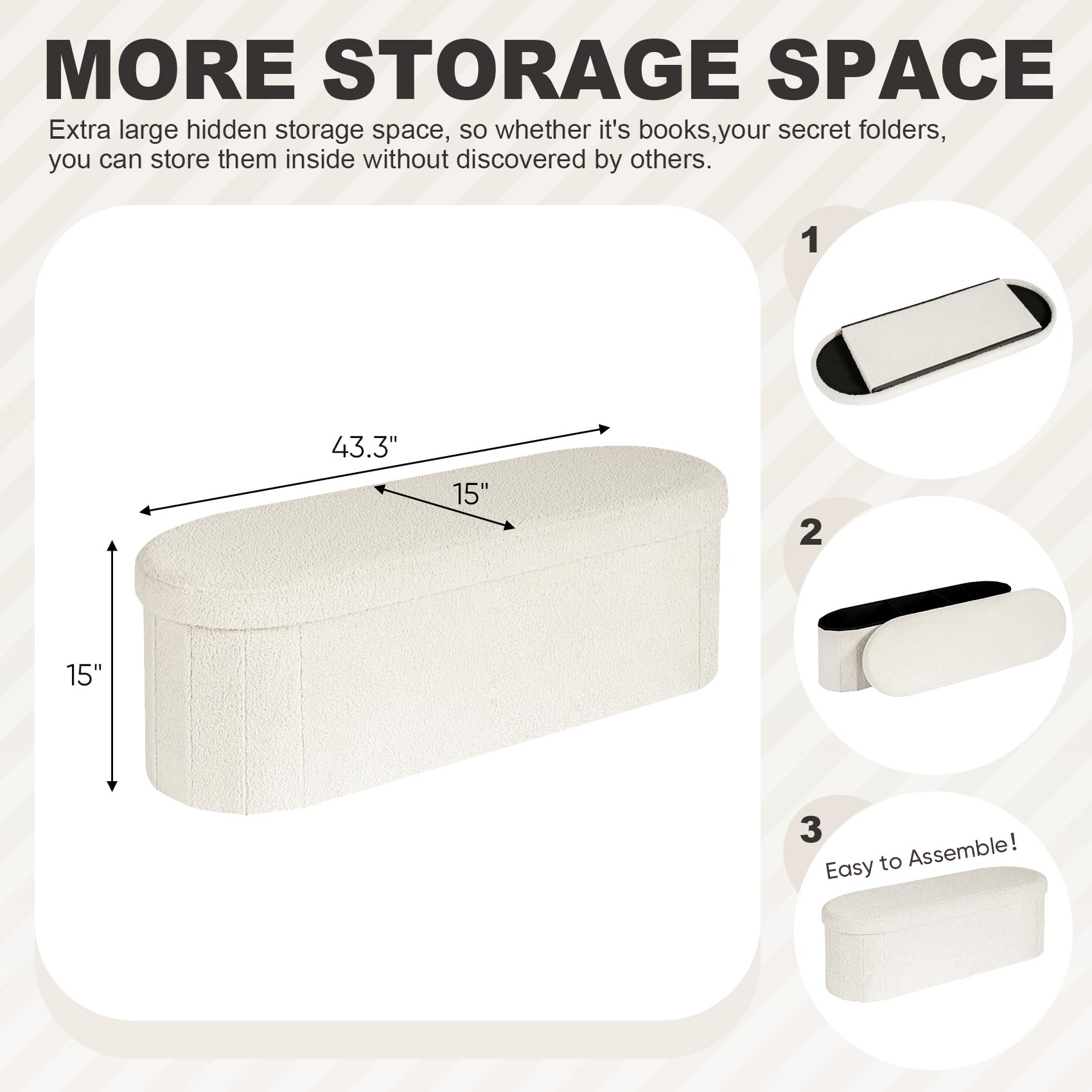 Banco otomano de almacenamiento, otomano ovalado, reposapiés, caja de juguetes, banco de terciopelo con almacenamiento, 43 x 15 x 15 pulgadas (blanco) 3