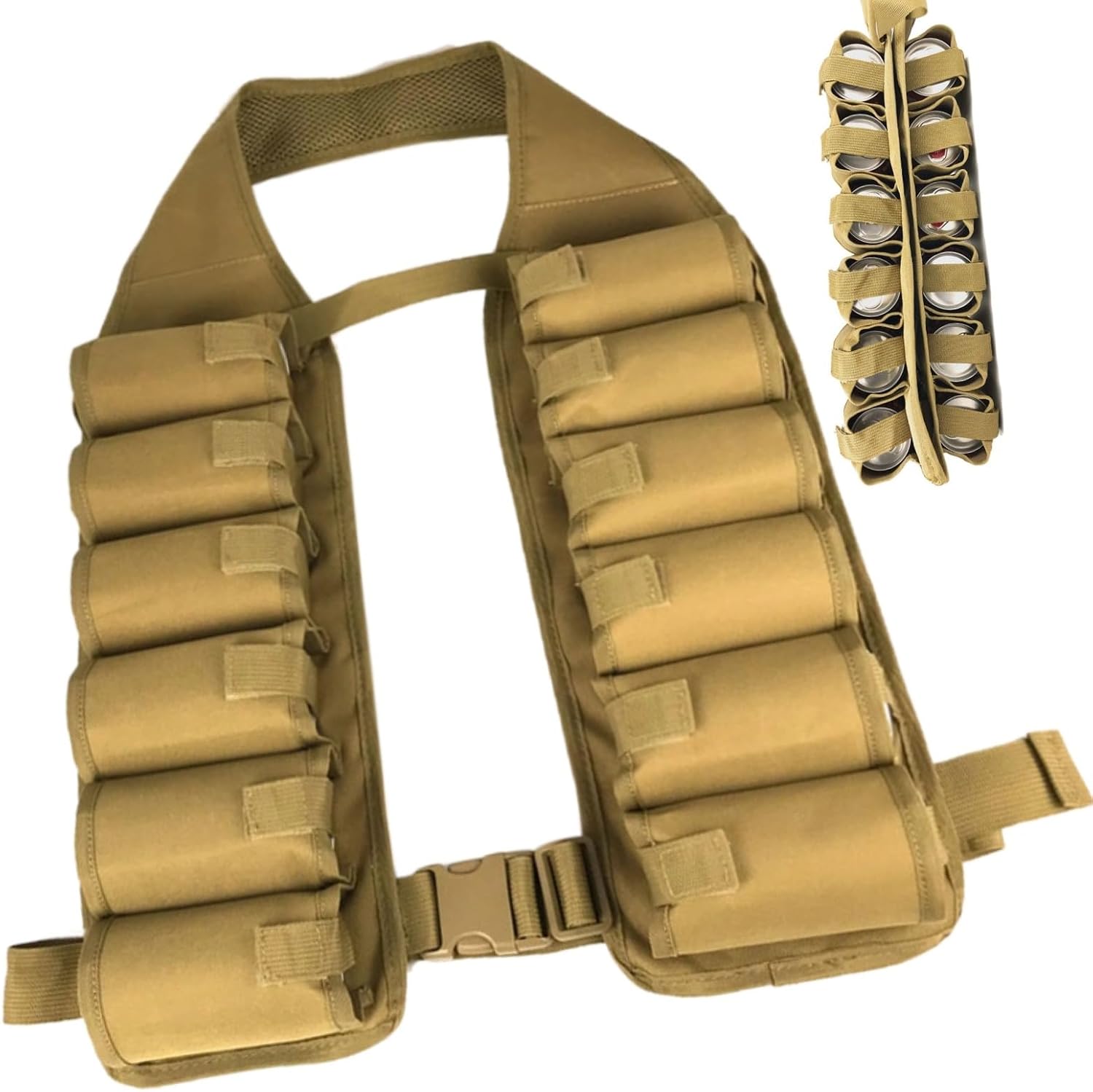 12 Pack Drink Vest, Brown Beer Bandolier Holder with Pockets, Adjustable Canvas Beer Vest, Utility Beverage Vest for Parties, BBQs, Hiking, Camping