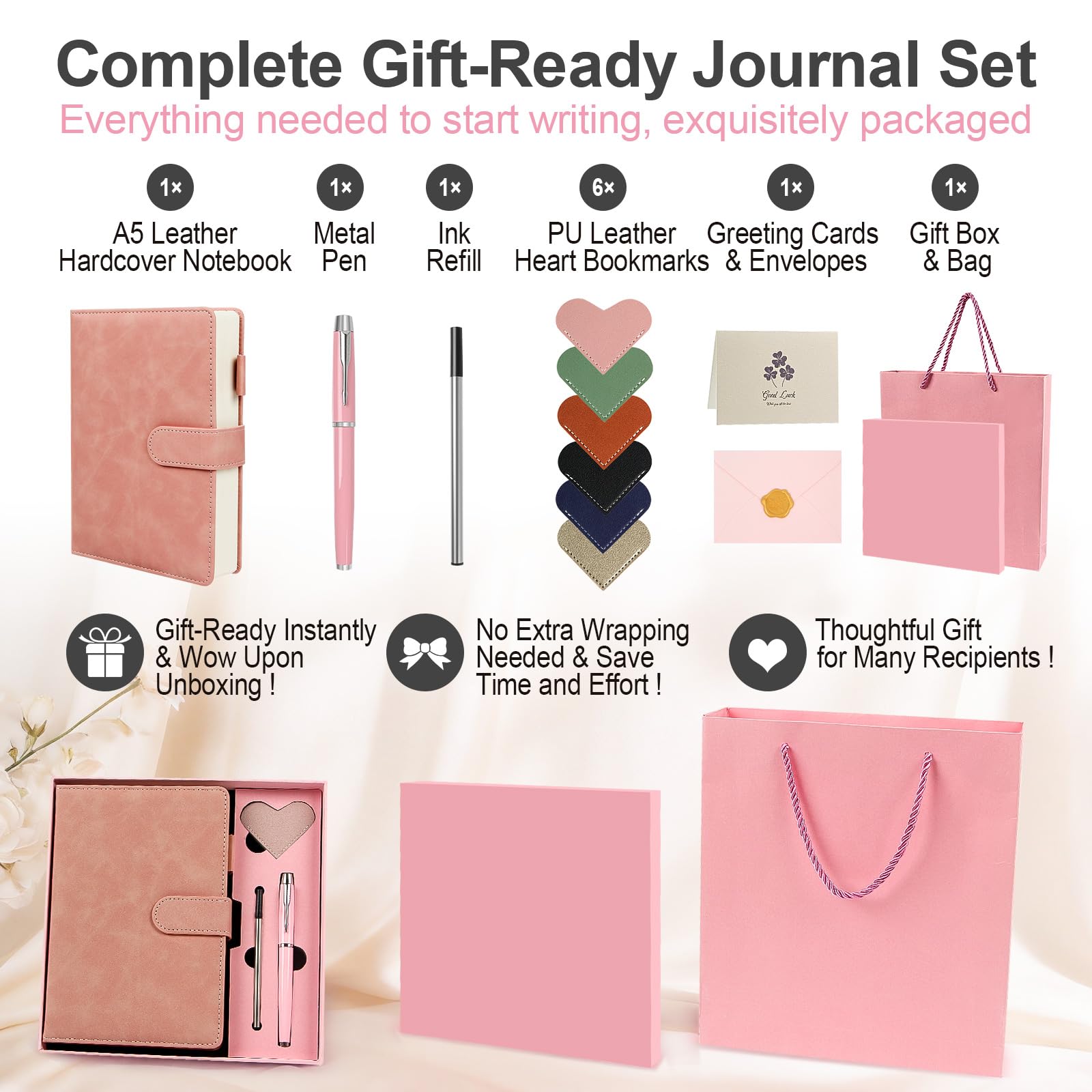 Juego de cuaderno de cuero para regalo, diario de tapa dura A5 con bolígrafo y 6 marcadores de corazón, caja de regalo + bolsa (rosa)