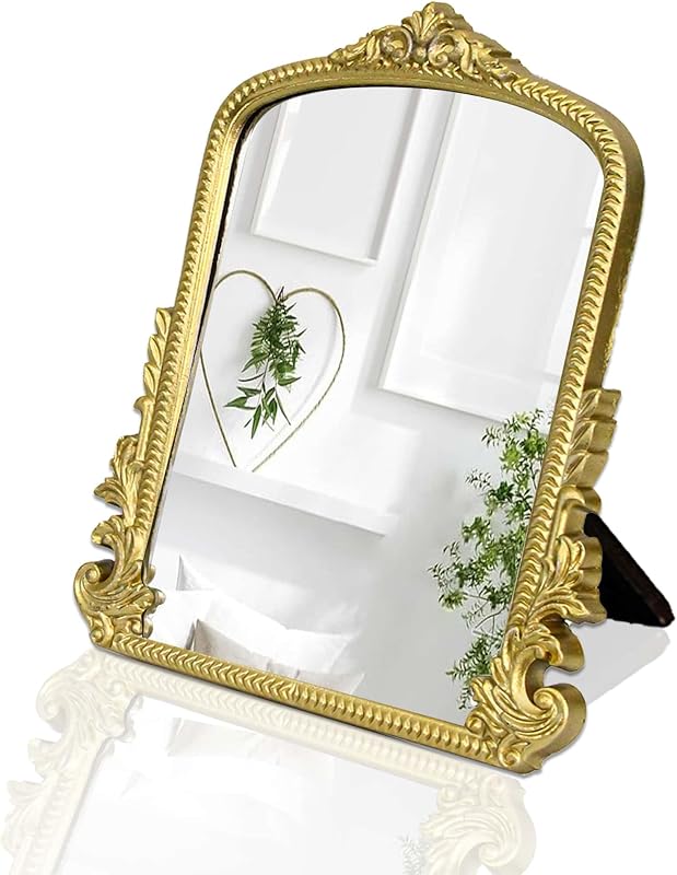 Espelho de mesa vintage HSDDHOME Champagne Gold com moldura de madeira, formato arqueado, 29,97 cm x 24,38 cm