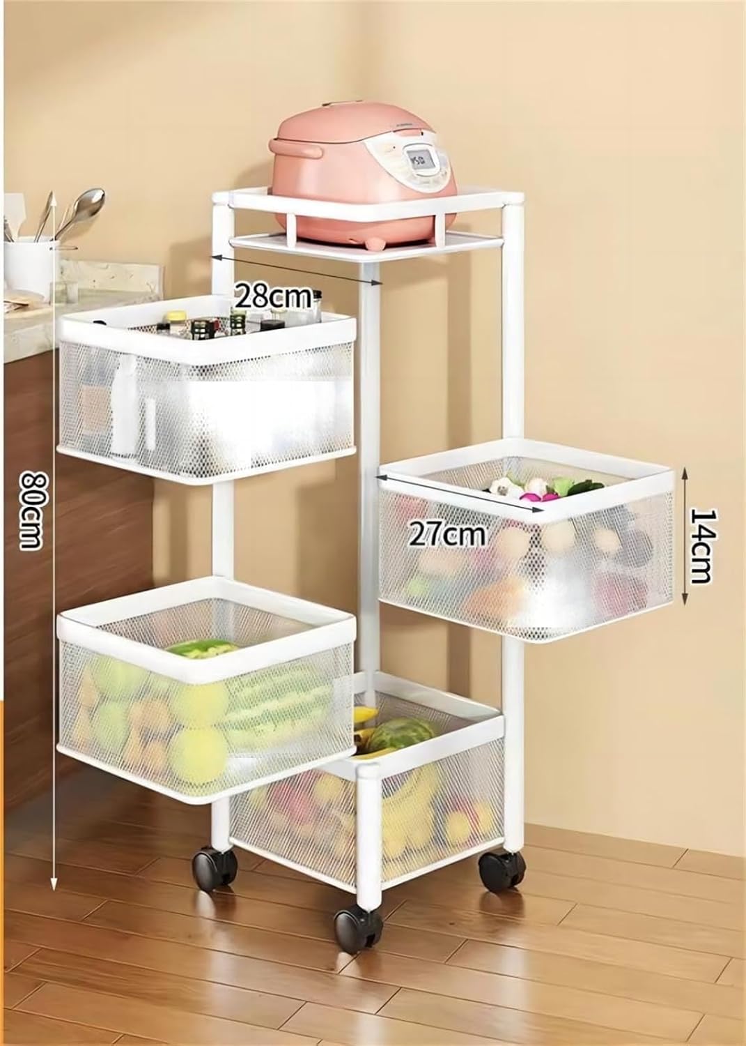 Rotating Kitchen Storage Rack with Wheels Multi Layer Stand for Fruits and Vegetables Versatile Pantry Organizer Space Saving Vertical Shelf for Home Use.