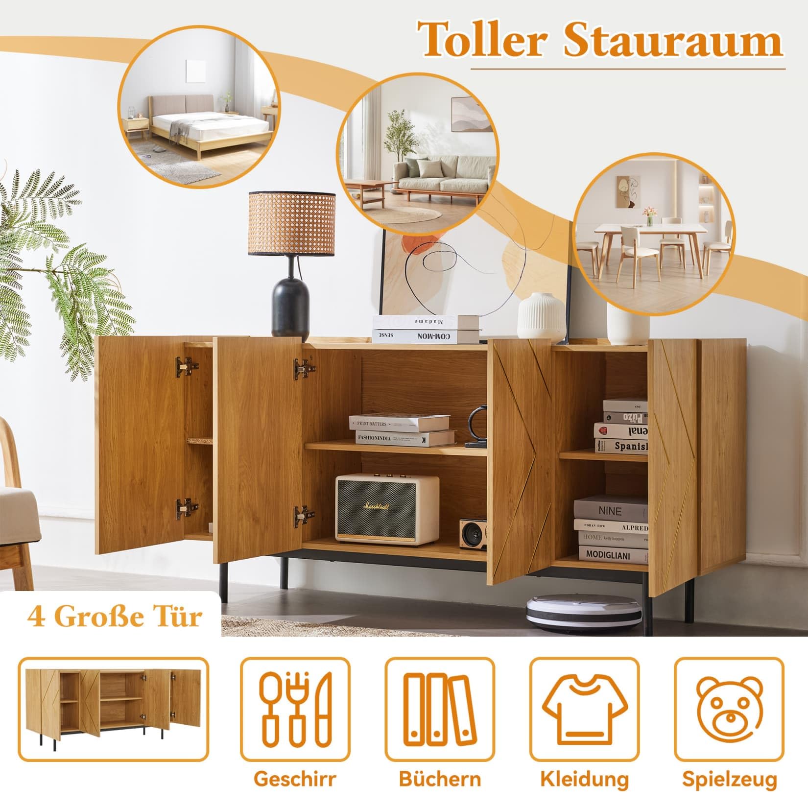PUGSDRLY Meuble de Rangement avec Étagères Réglables et 6 Grands Compartiments de Rangement,Meuble Cuisine Buffet Salon Commode avec Rayures Dorées,pour Cuisine,Salon,Chambre,Naturel (L160xl40xH78 cm)