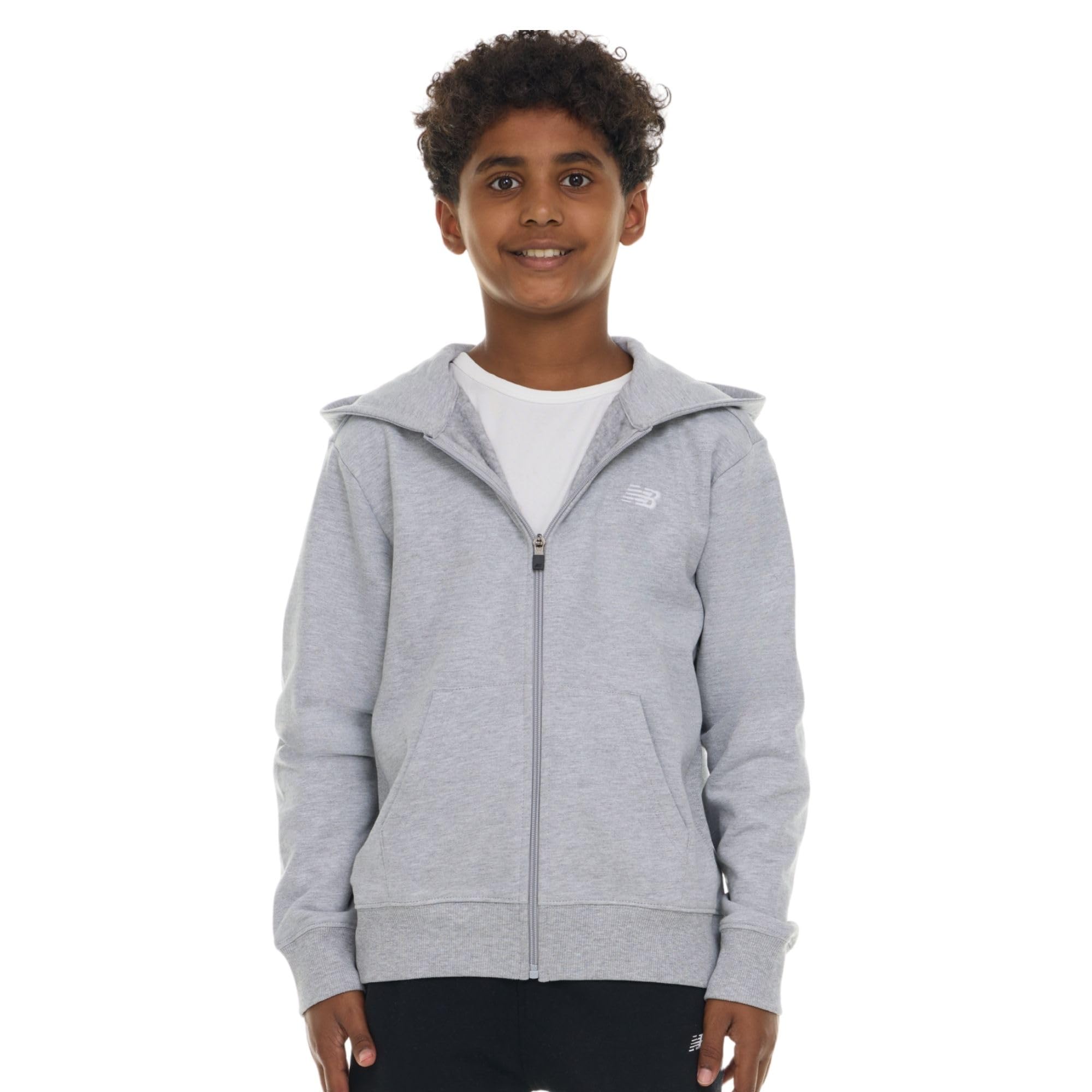 New Balance Felpa con cappuccio e zip intera per ragazzi, in pile misto cotone di alta qualità, con cappuccio foderato, vestibilità comoda