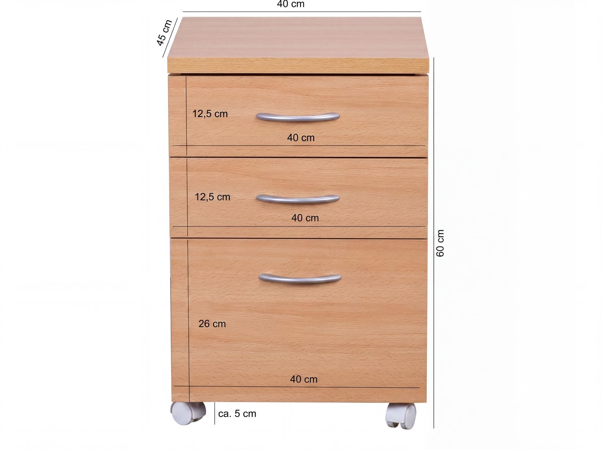 FineBuy Rollcontainer Ottawa 40x45x60 cm Buche mit 3 Schubladen | Rollwagen mit feststellbaren Rollen fürs Büro, passt unter den Schreibtisch, als Kosmetikwagen und Beistellcontainer nutzbar