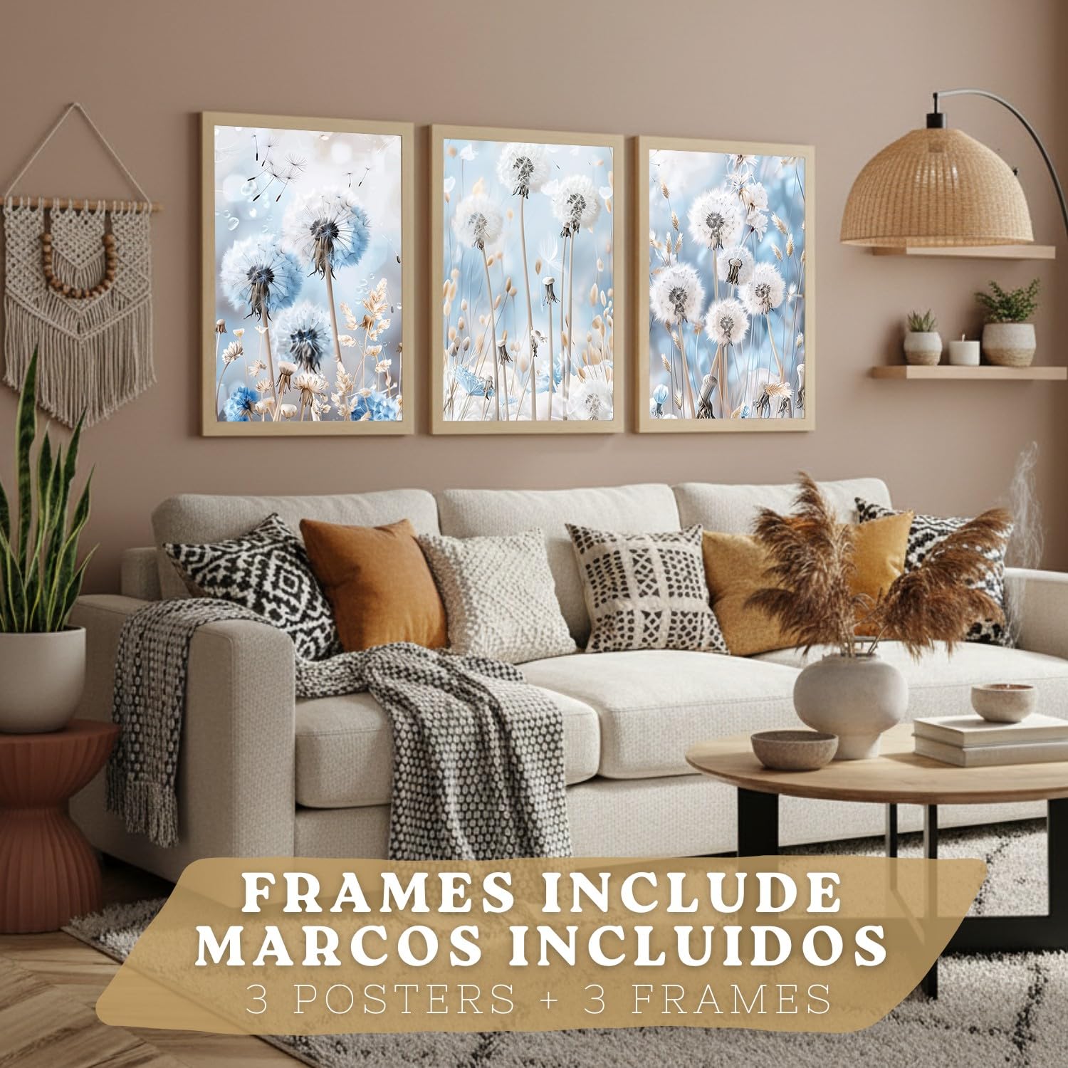 Nacnic Set De 3 Laminas Decorativas Floral Azul Cuadros Salon Modernos - Posters Decorativos Azules Decoración Dormitorios. A3 Marco Madera Clara