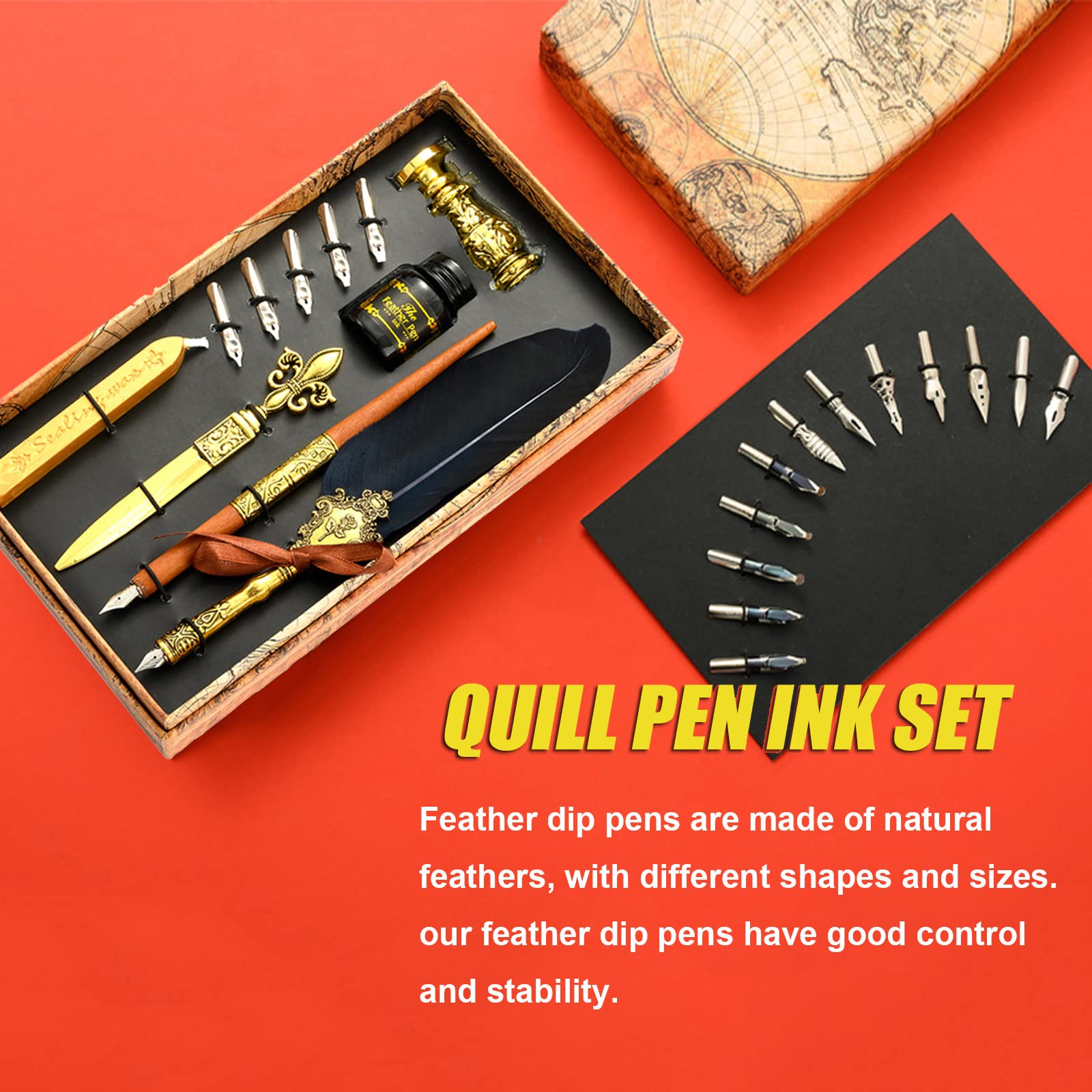 Joyeee Quill Pen Juego de caligrafía, con bolígrafo de inmersión de madera, puntas, sello de cera de sellado, soporte de bolígrafo de inmersión, tinta negra, azul marino