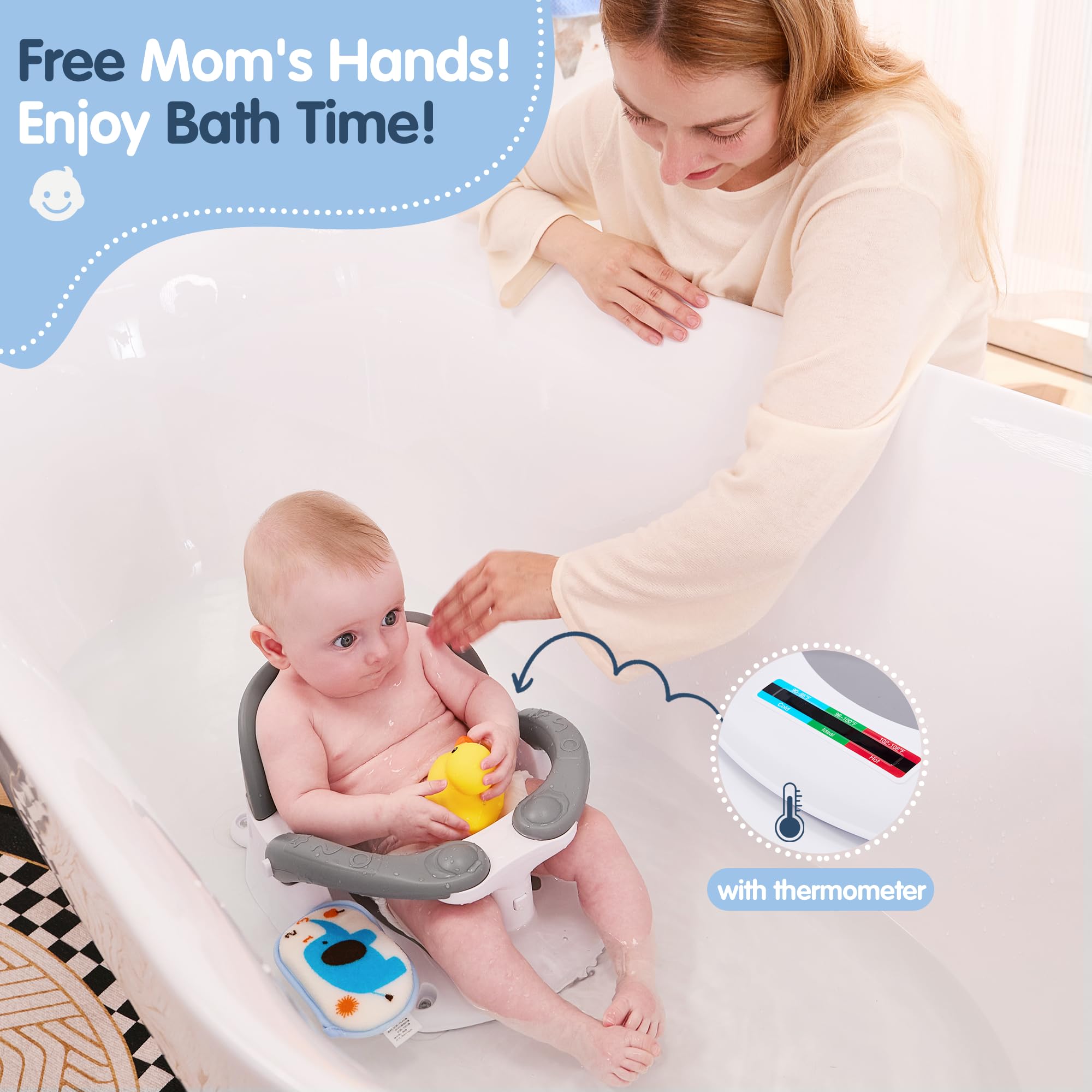 babove Siège de bain pour bébés de 6 mois et plus avec thermomètre autocollant, bouton One-Touch pour une ouverture facile de l'accoudoir, chaise de bain pour bébé (gris)