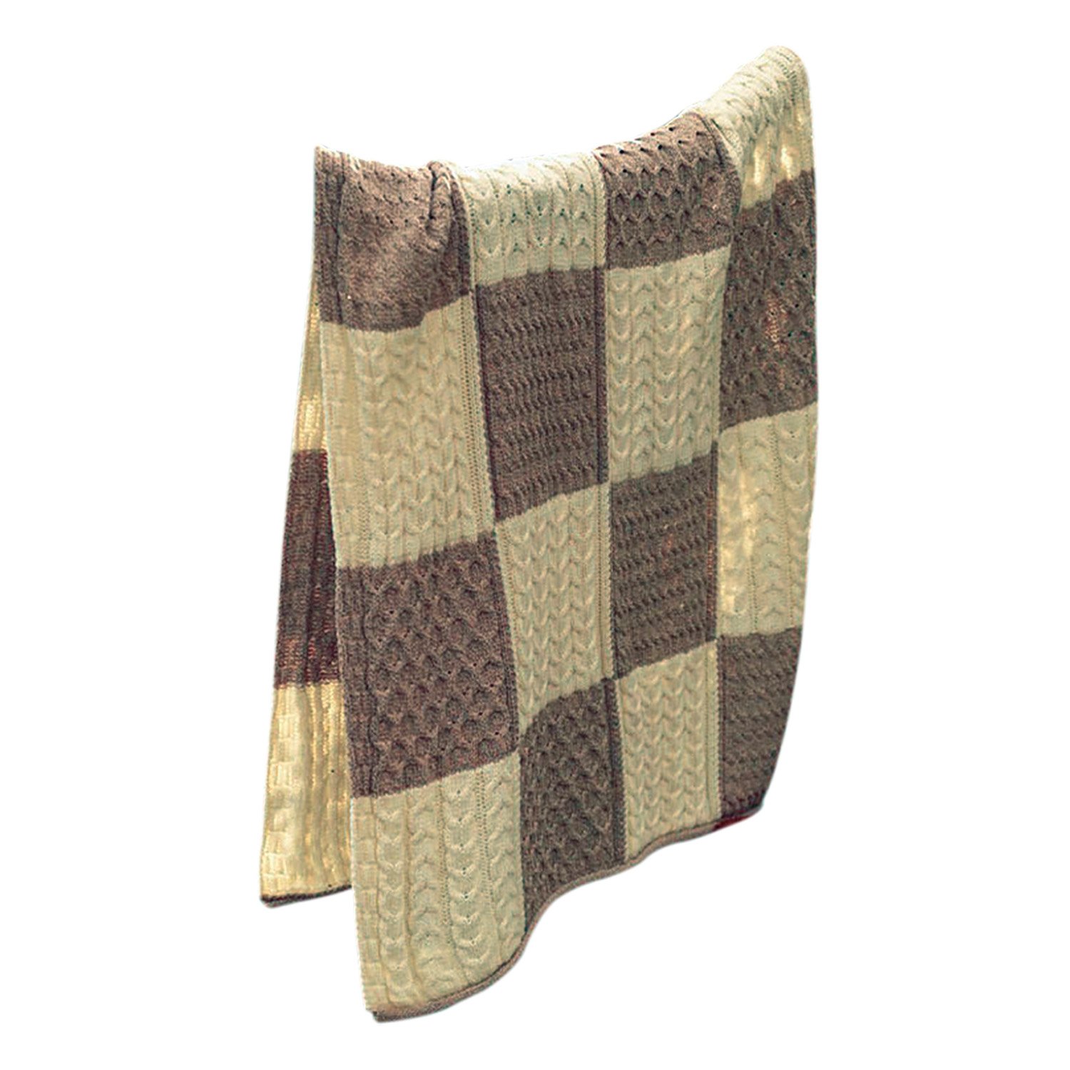 Aran Woollen MillsAran Woollen Mills Patchwork Intarsia Merino Wool Irish Blanket,Wicker/White,One Size