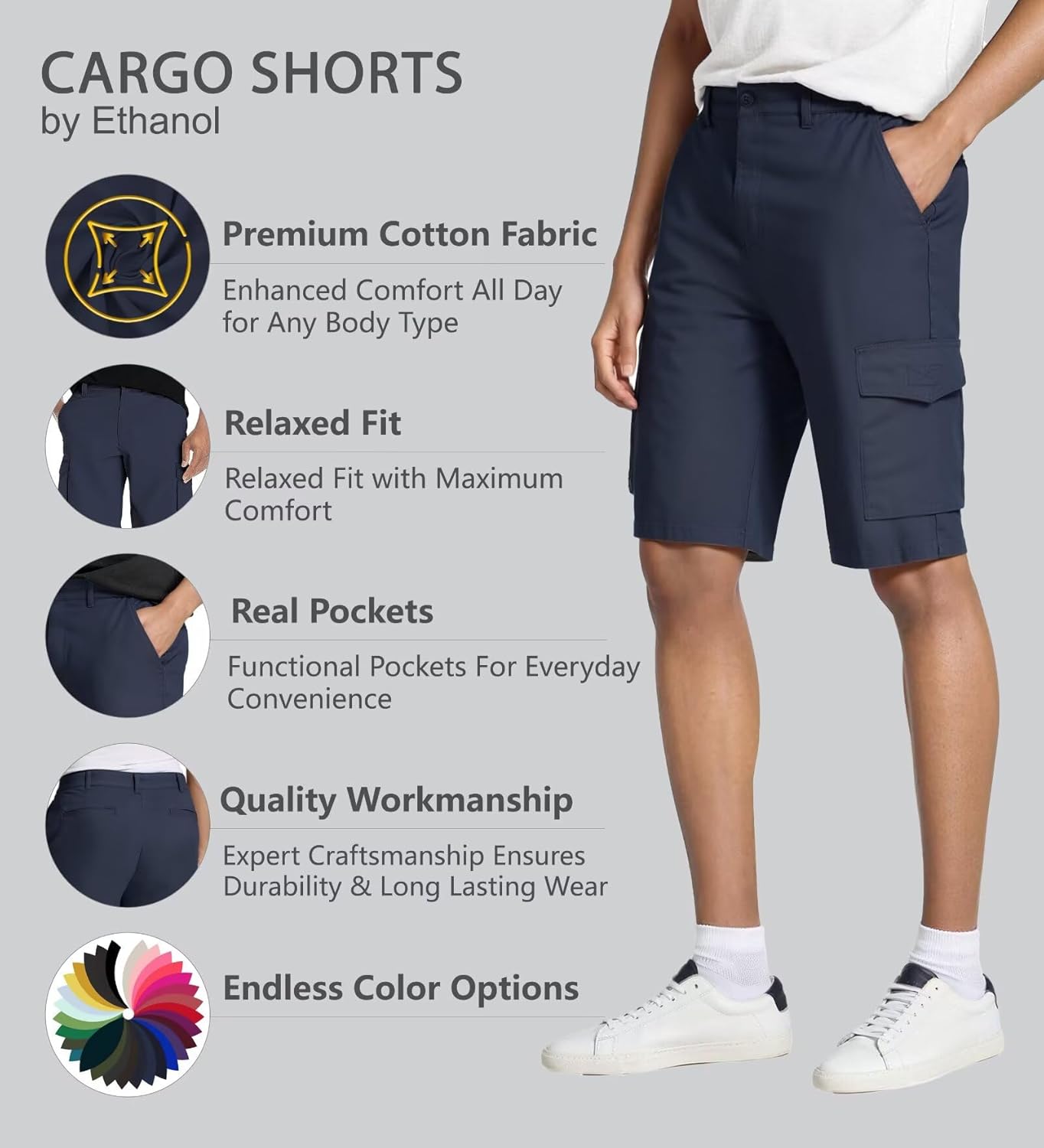 Agile Mens Casual Summer Flat Front Essential Stretch Shorts/Cargo Shorts with Pockets - Image 2