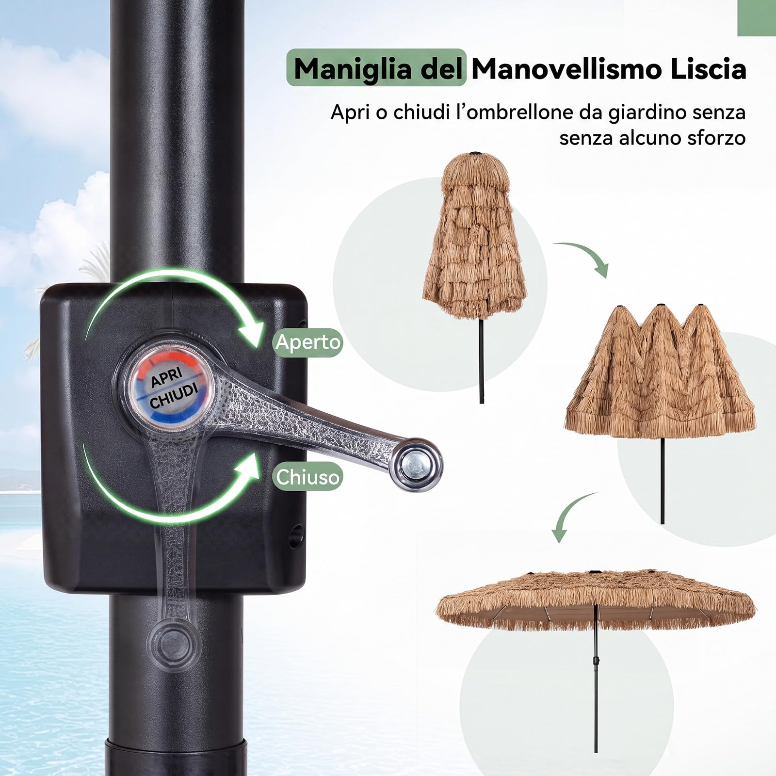COSTWAY Ombrellone da Giardino in Paglia 450 x 270 cm, con 12 Stecche | Manovella, Antivento, Pieghevole Portatile, Ombrellone Hawaiano per Giardino, Cortile e Piscina