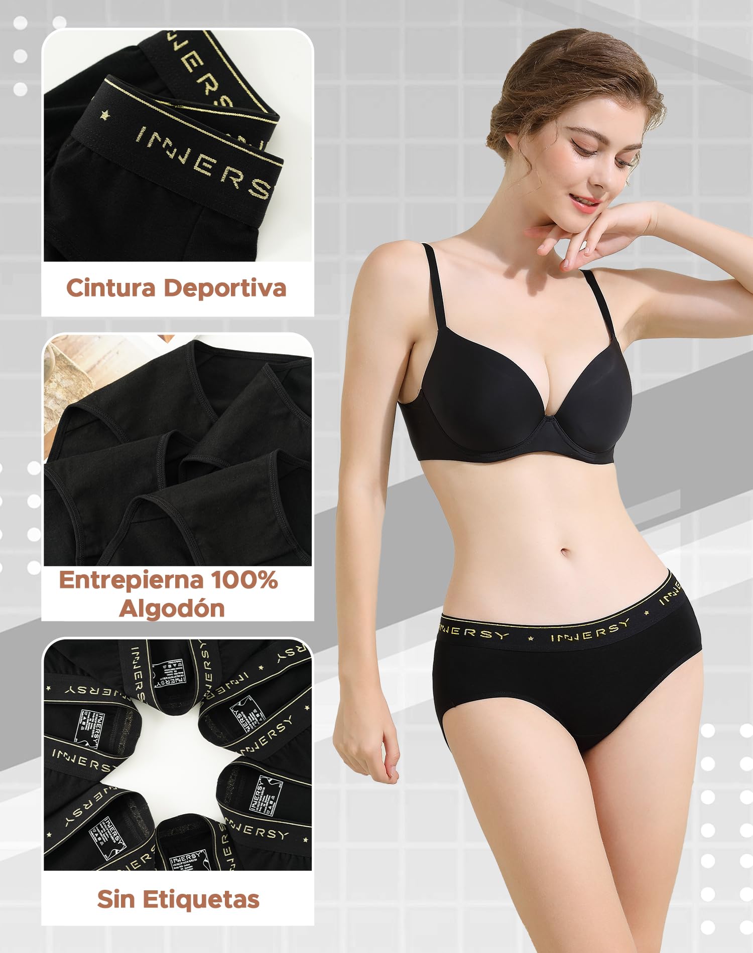 INNERSY Bragas Mujer Algodón Comodas Braguitas Cinturón Deportivo Ropa Interior Cintura Media Pack de 6