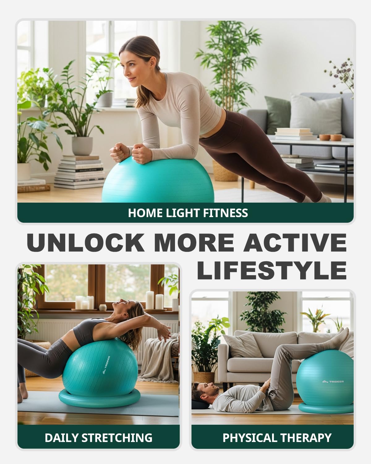 Trideer Exercise Ball for Office Desk, Yoga Ball Chair to Relieve Back Pain, Stability & Fitness Ball Seat with Base, Home Gym Core Workout, Abs, Stretching & Therapy