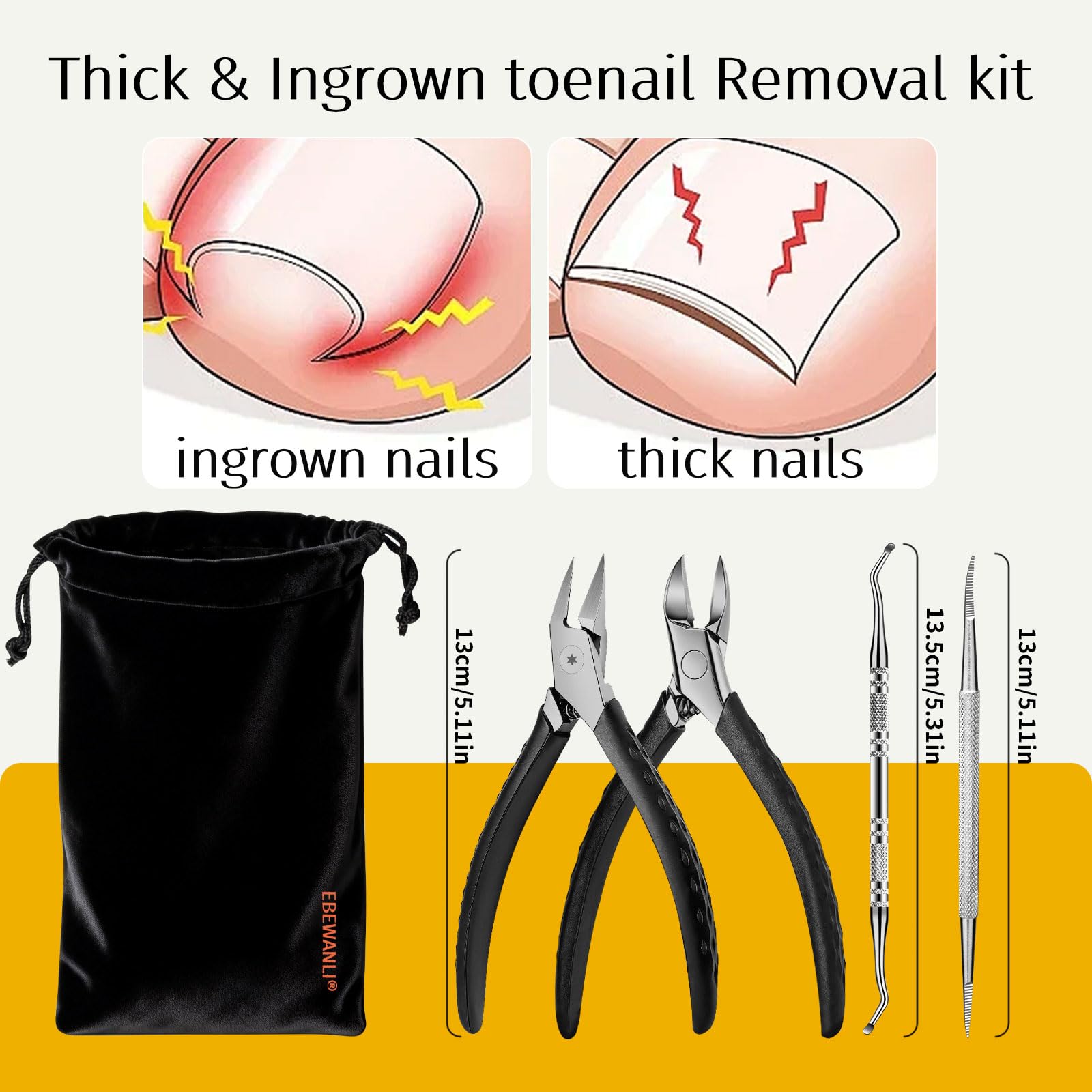 EBEWANLI Fußnagelschere für Dicke Nägel, Nagelzangen für Fußnägel Profi | 5-Teiliges Edelstahl Nagelknipser Set für Dicke und Eingewachsene Nägel, Groß Pediküre Set, Rutschfester Nagelscheren