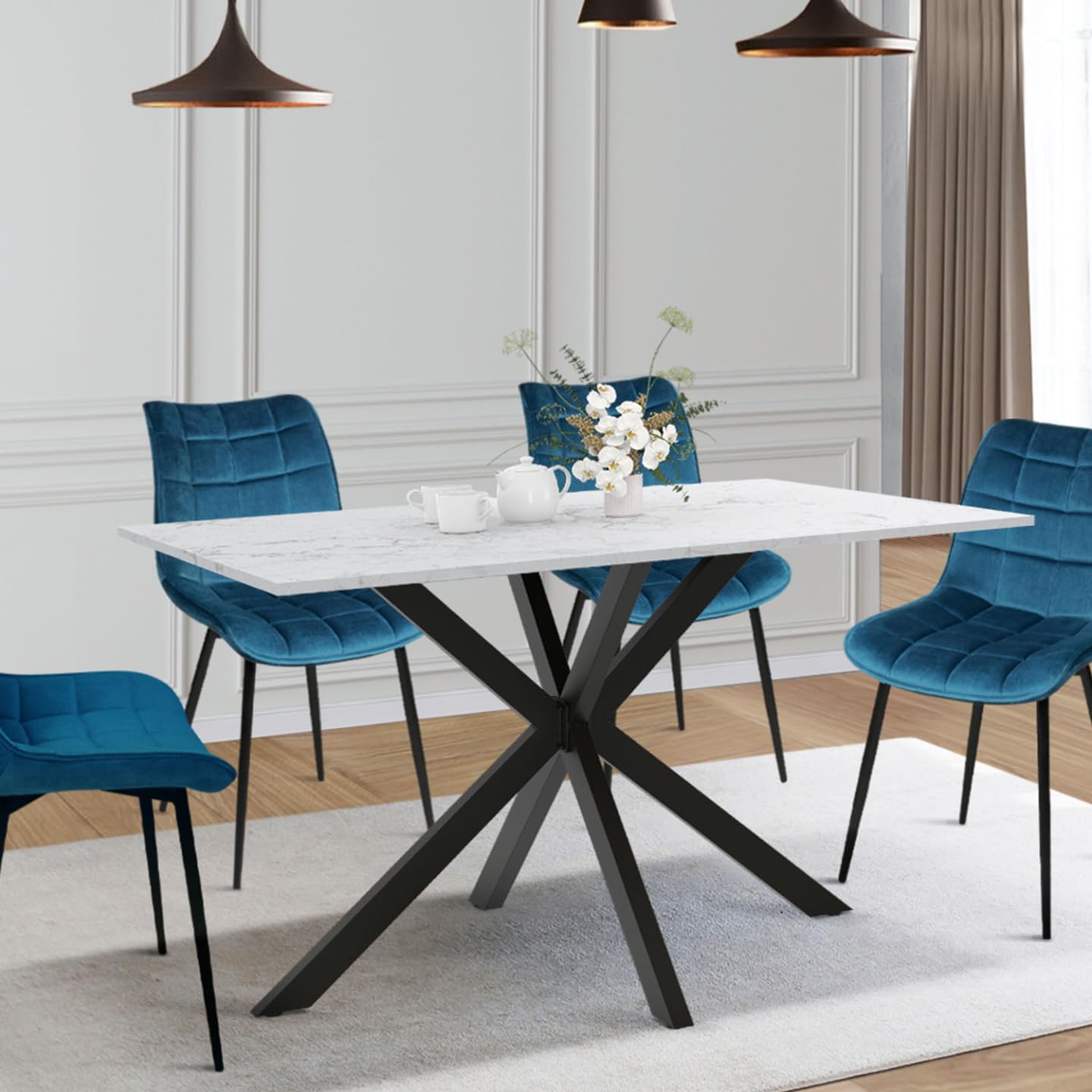 IDMarket - ALASKA Mesa de comedor para 4 personas con efecto mármol blanco y pata de araña de metal 110 cm
