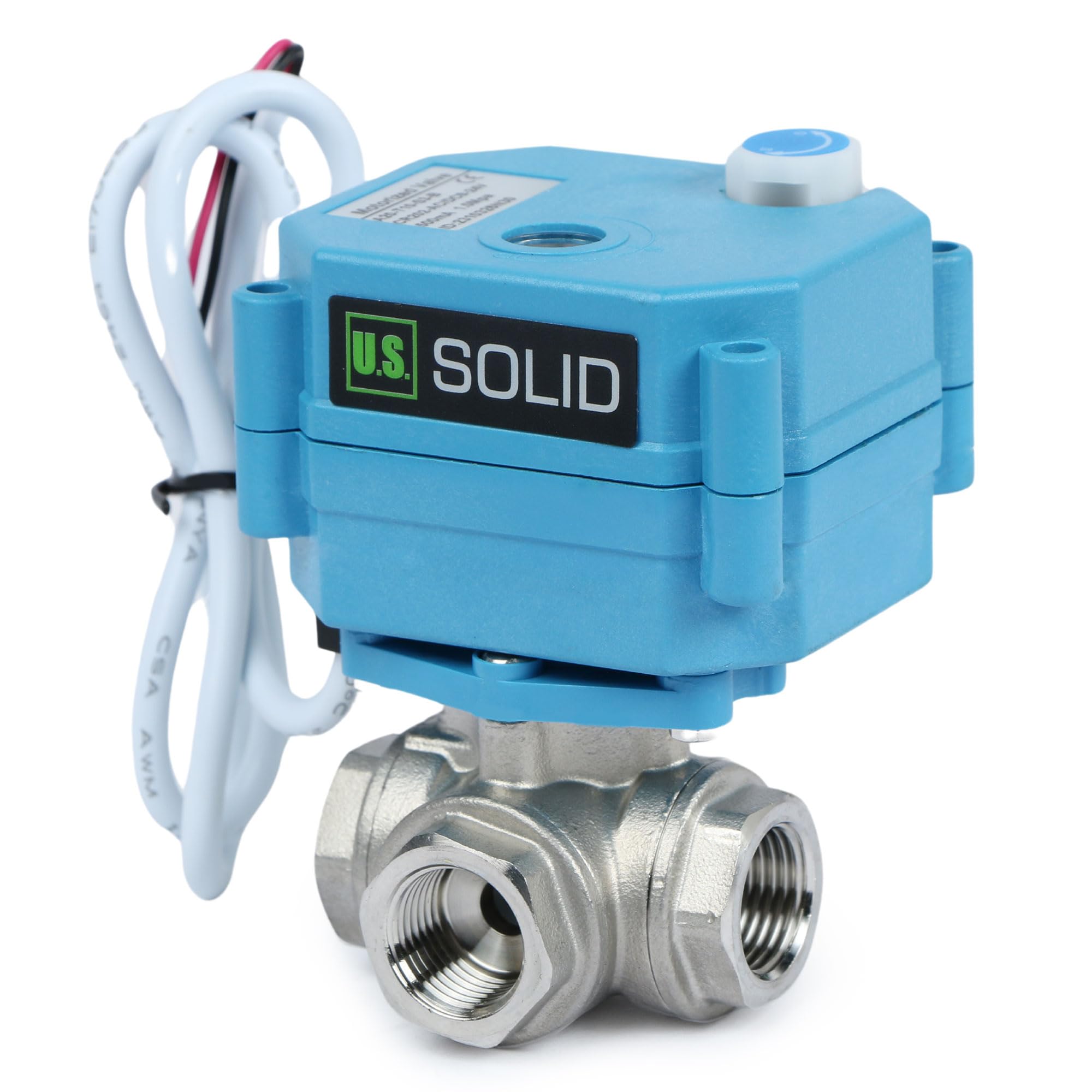 U.S. Solid Válvula motorizada 3 vías acero inoxidable: tipo L - eléctrica válvula con función manual, puerto estándar (3/8", 9-24V AC/DC)