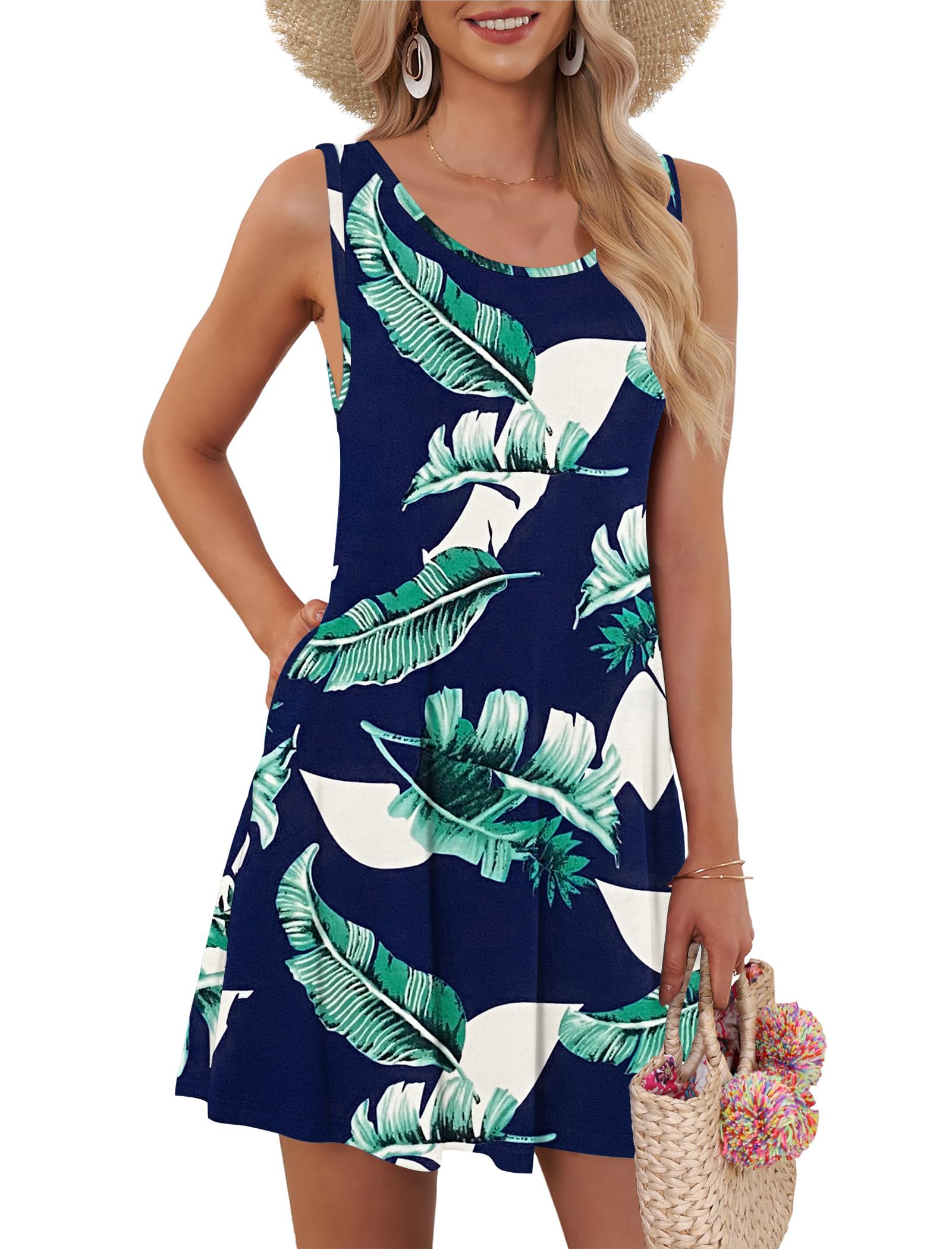 AUSELILY Beach Dresses for Women UK Mini Sleeveless Summer Dress with Pocket Print Blue 2XL