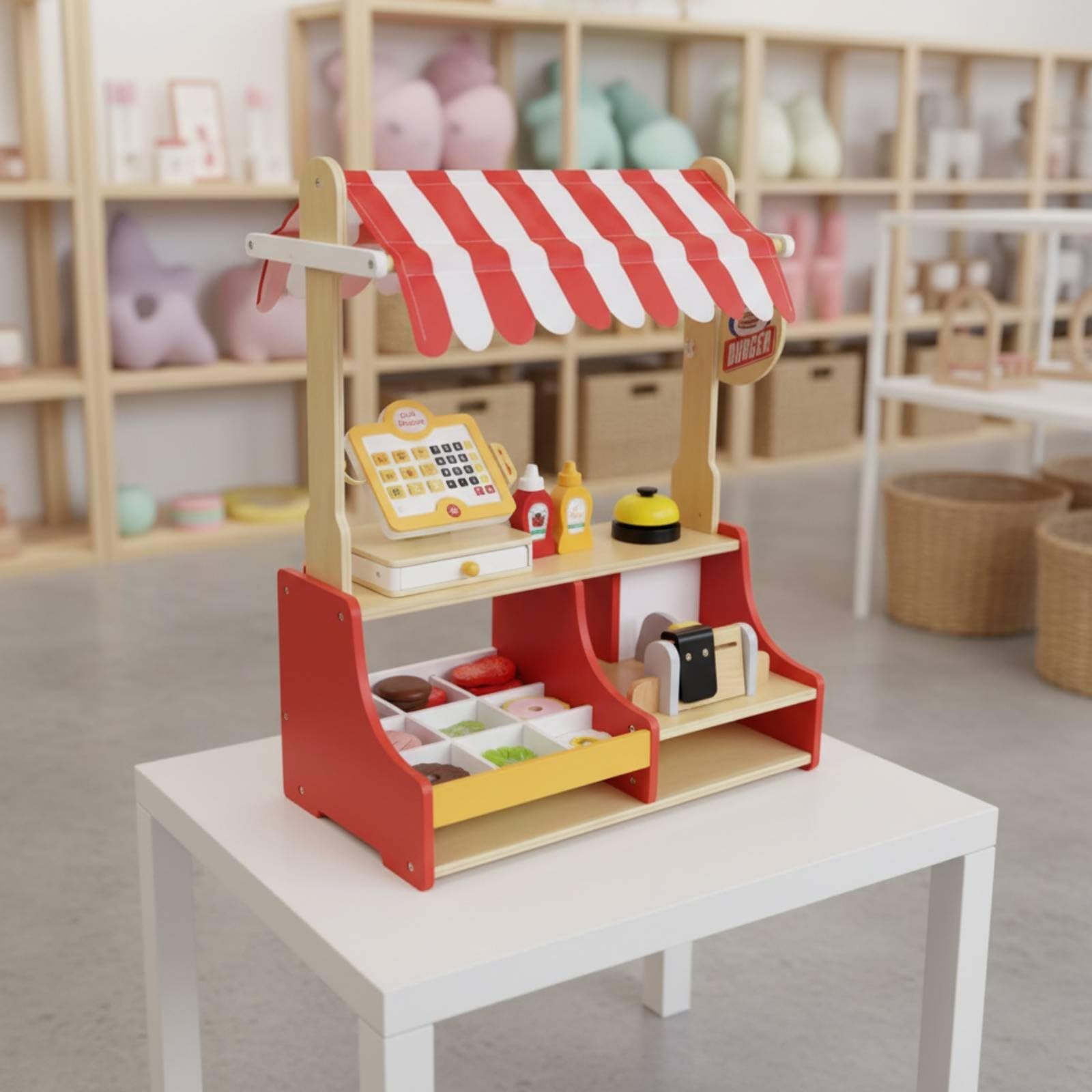 Kinder Burgerstand Holz Spielzeug Imbissstand Verkaufsstand Marktstand mit Gestreiftem Dach Kassenfach Und Saucenteilen Fördert Teilen Sprache Und