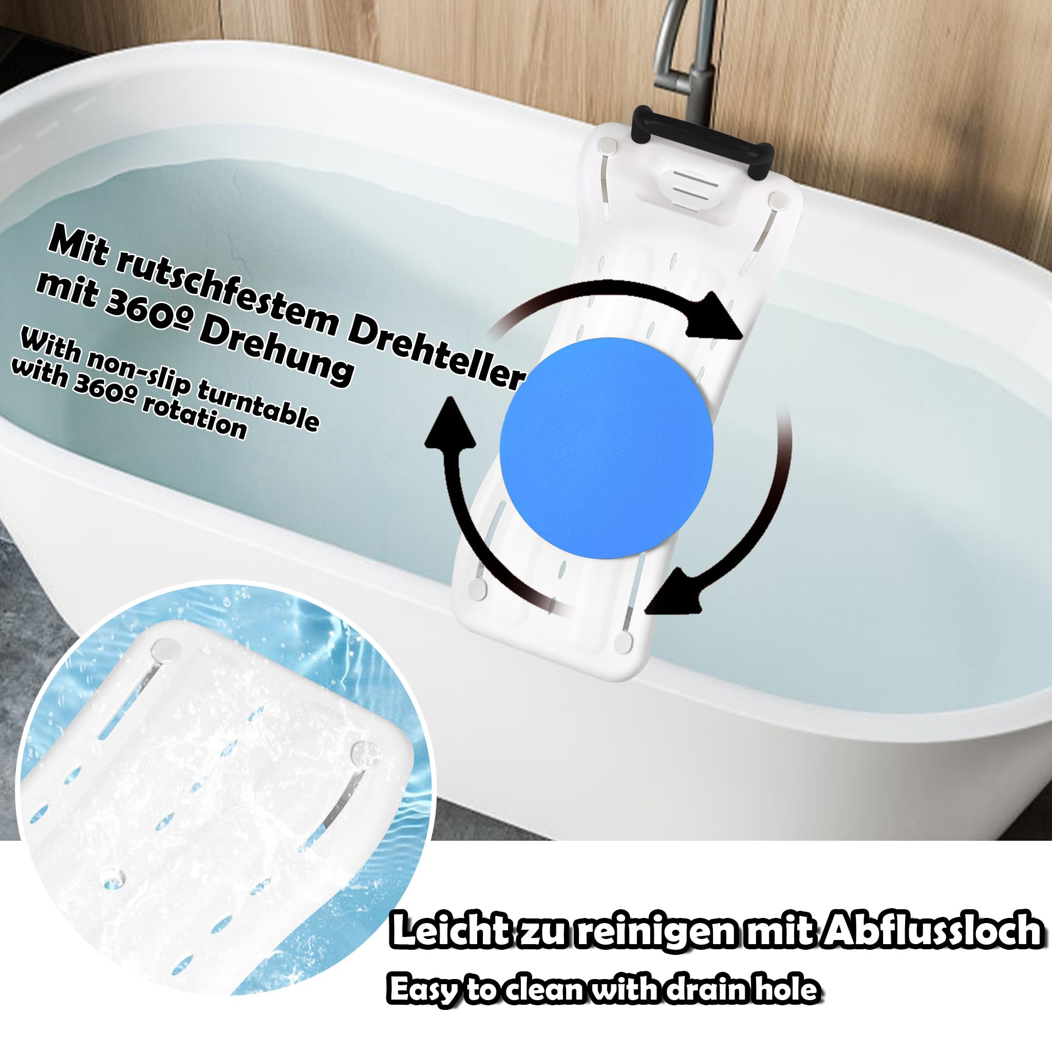 ACXIN Badewannenbrett Senioren mit Seifenablage und Schwarz Griff, Badewannensitz Sitzbrett für Badewanne, 41-63cm Einstellbar Duschbretter mit Drehscheibe, bis zu 150 kg Belastbarkeit