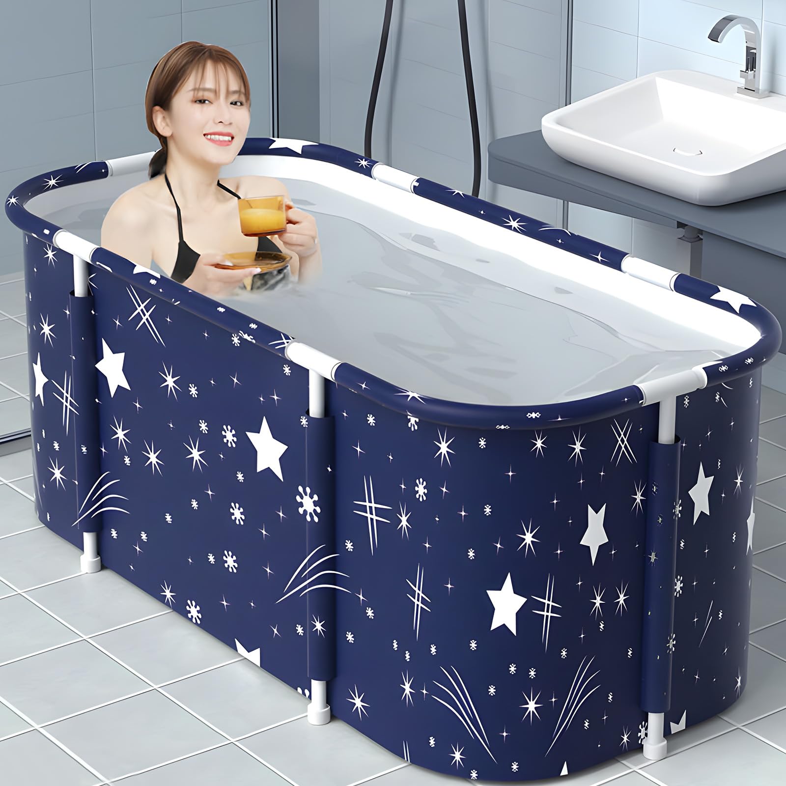 PANCA Foldable Bath Tub for Bathroom| SPA Tub for Home Use with Drainage Hole For Adults And Kids| Maintains Hot & Cold Water | Thickened Insulated Ice Bath Tub for Adults (Blue Star Rectangular)-image-3