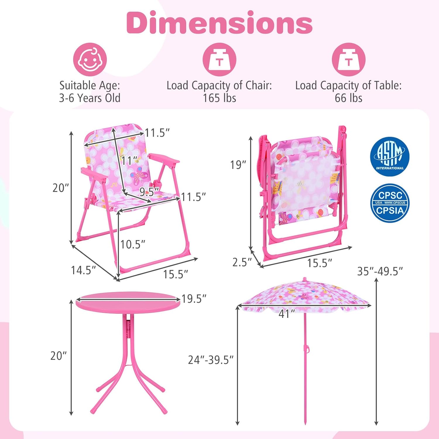 Costzon Kids Picnic Table, Kids Outdoor Table with 2 Folding Chairs, Height Adjustable Umbrella, Portable Children Outdoor Furniture for Patio, Garden, Backyard (Pink Flowers)