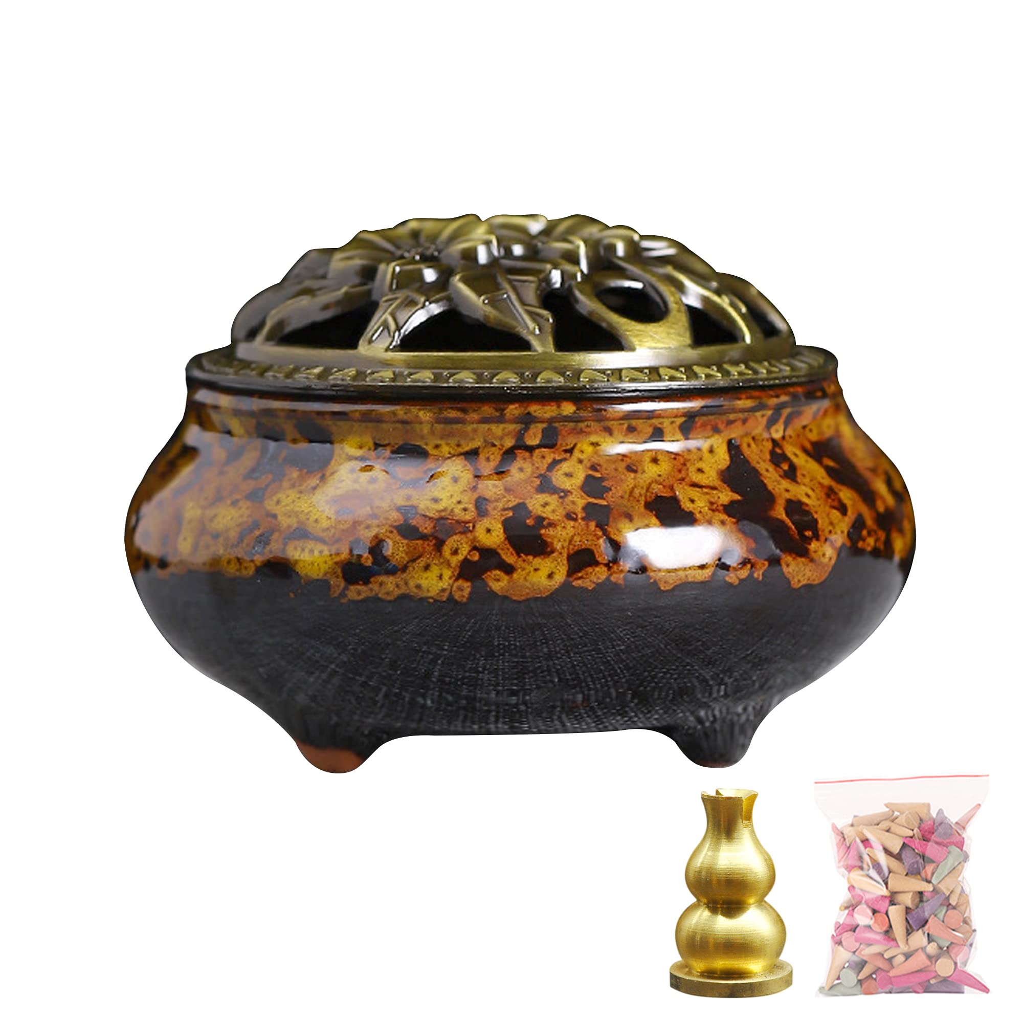 Ceramic Incense Burner with Lid, Bowl Burner， Cone Incense Burner, Ceramic Censer Suitable for Incense/Cone/Coil/Sticks, There are 30 Incense Cones+ Metal Incense Holder+Fireproof Cotton Inside.