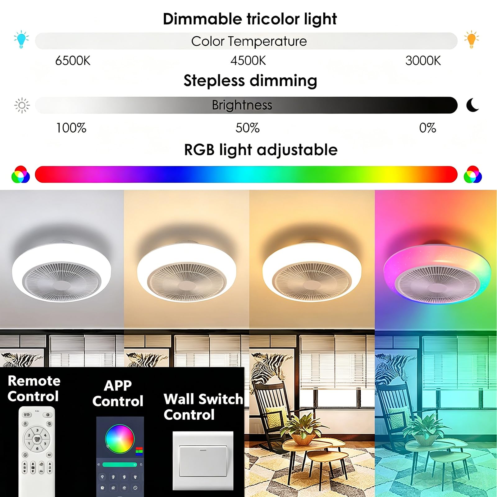 RGB Deckenventilator mit Beleuchtung und Bluetooth Lautsprecher 46cm | Fernbedienung/APP Dimmbar, LED Deckenlampe mit Ventilator Reversibel, Decken Ventilator mit Lampe Kinderzimmer Schlafzimmer