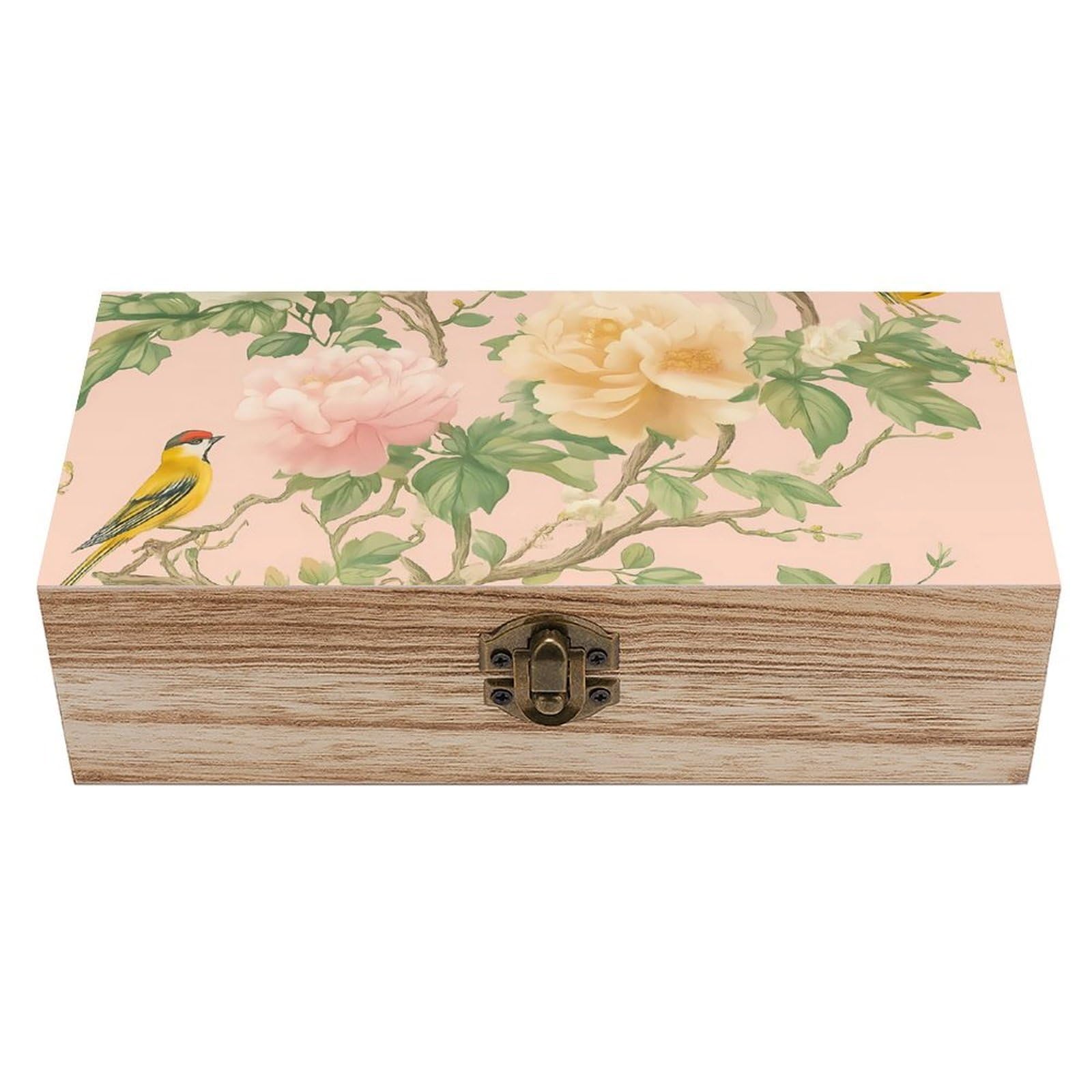 HLBSDM Yellow Birds & Blooming Spring Floral Retro Wooden Storage Box Jewelry Art Gift Boxs Decorative Keepsake Boxes