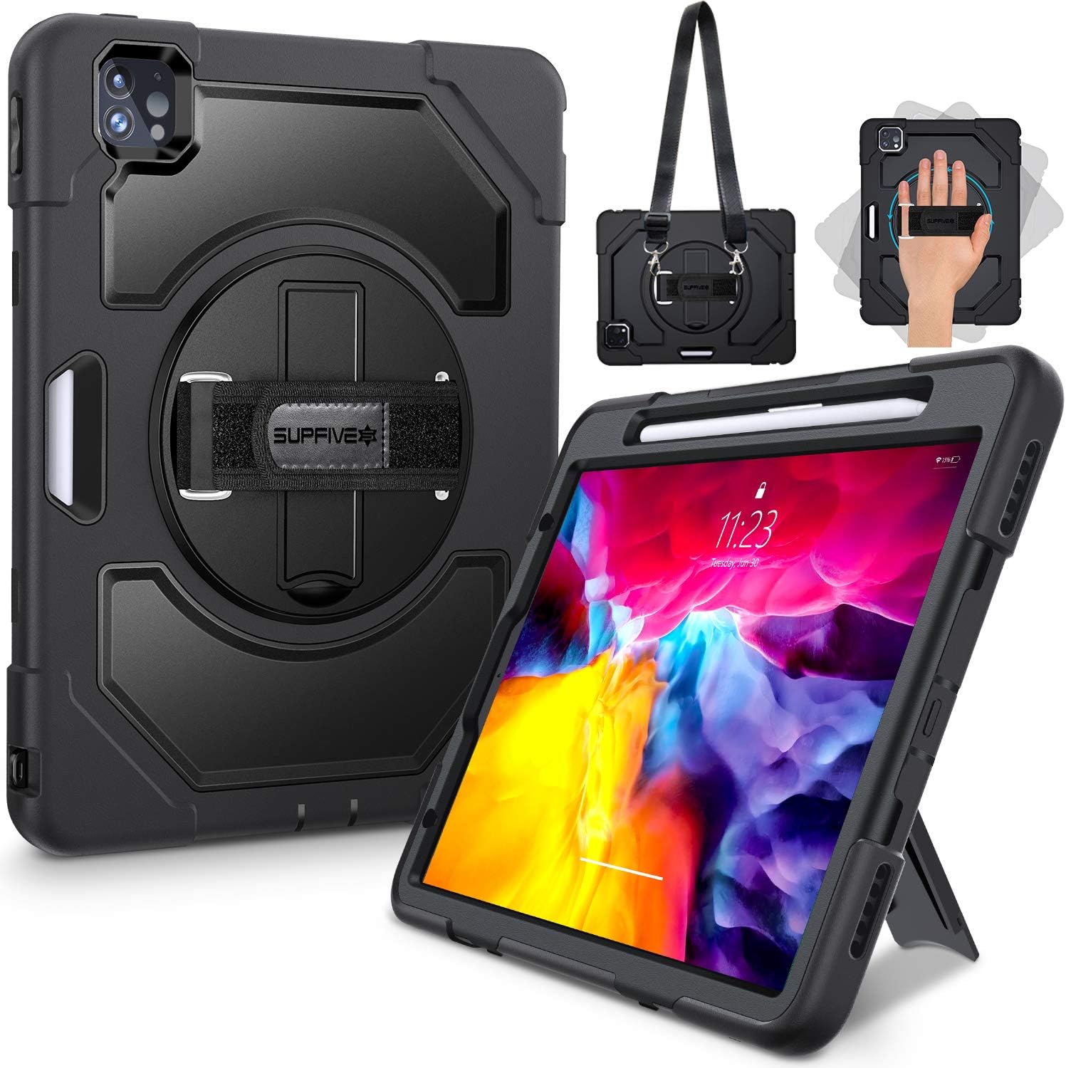 Black Friday - 70% OFF SUPFIVES iPad Pro 11 Case 2020 & 2018, [Military Grade 15ft Drop Tested] Clear Back Heavy Duty Rugged Protective Case Soft Silicone Bumper + Apple Pencil Holder + Stand + Handle/Shoulder Strap - Pink