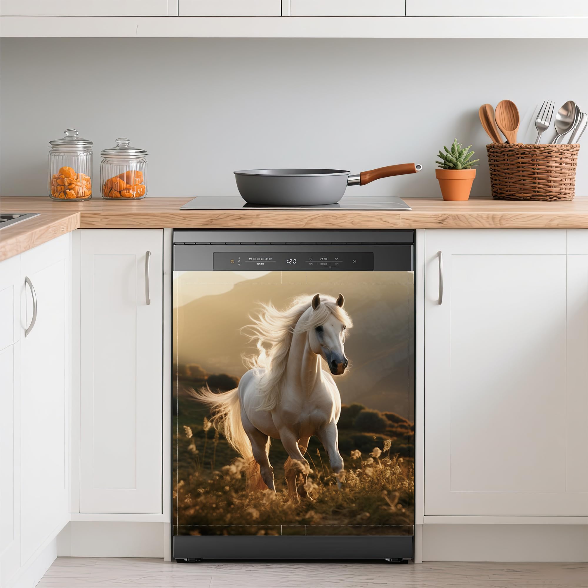 Galloping Horse Refrigerator Magnet Cover,White Horse Washable Dishwasher Magnets Decorative Cover,Home Kitchen Decorative Dishwasher Front Panel Cover 23x26 Inch