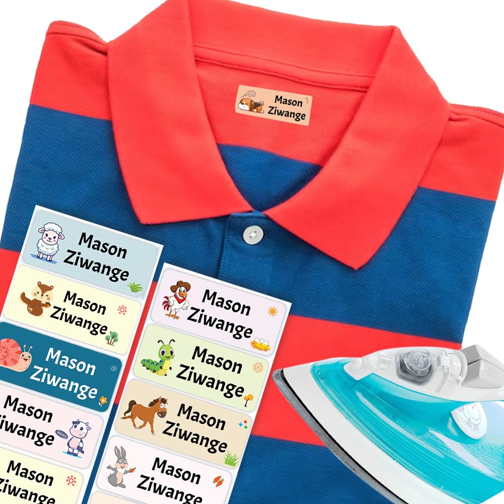 Animal 2 School Uniform Name Labels Iron on Name Tags for Clothes Kids (37 x 15 mm) Waterproof Personalised Iron on Name Stickers for Clothes Kids Papa Prints