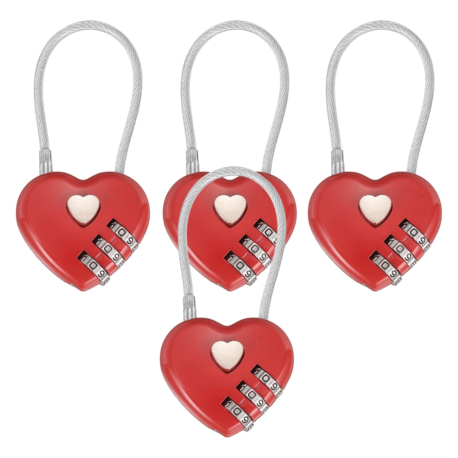 M METERXITY 4-Pack Combination Locker Lock, 3 Digit Heart Shaped Padlock Gym Locks with Cable for Luggage/Suitcase/Backpack Zipper/Outdoor, Small Combo Lock [Red]