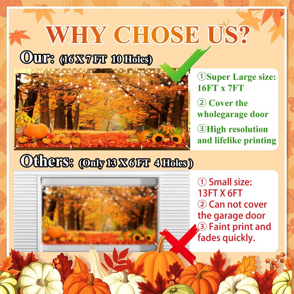 Fall Thanksgiving Garage Door Cover Decorations, Autumn Forest Banner Backdrop, Maple Forest Pumpkin 7x16ft Large Hanging Outdoor Holiday Decoration