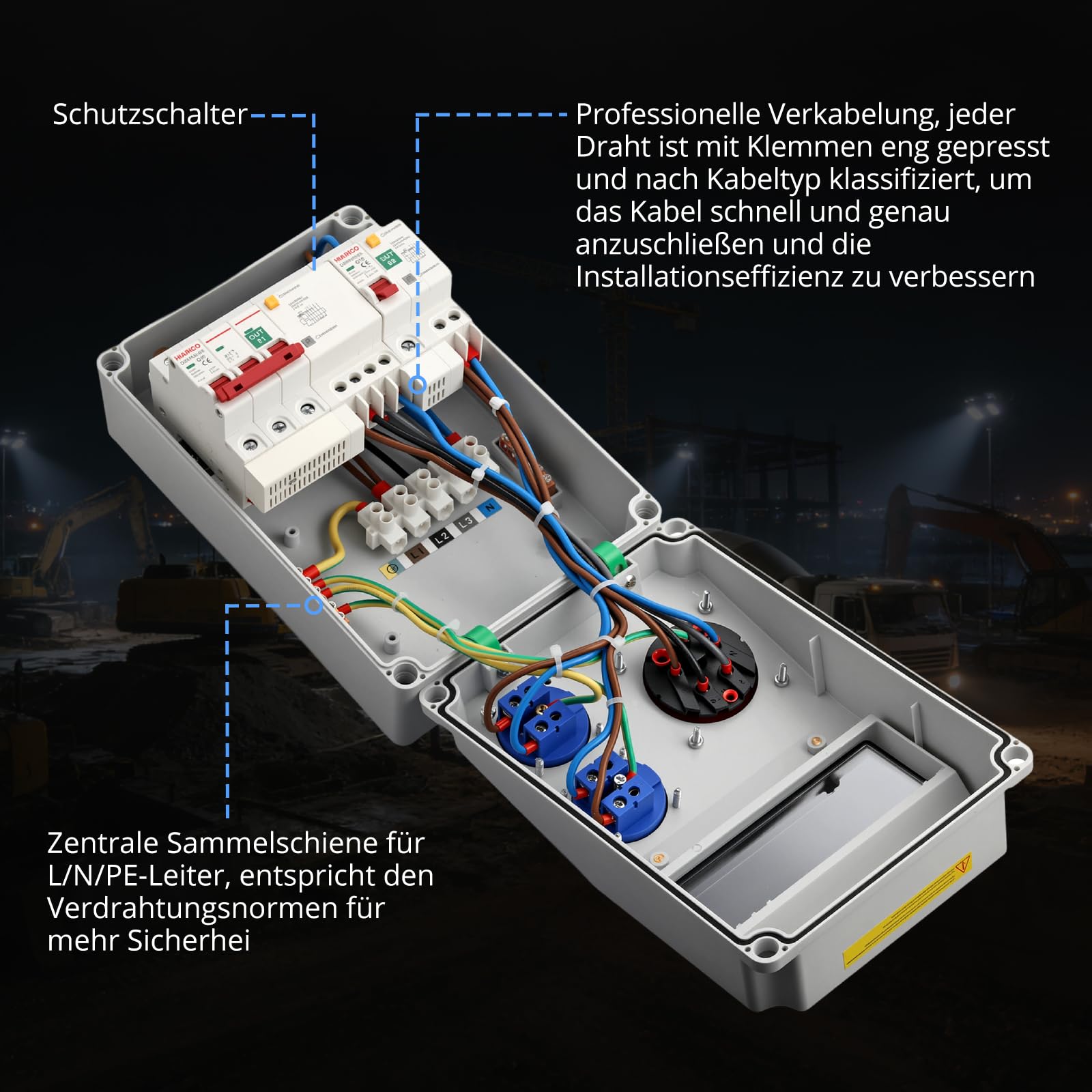 CAMWAY Baustromverteiler, Stromverteiler mit LS+FI, 2x 230V Schuko, 1x 16A CEE Steckdosen Professionelle Verdrahtung, IP66 Wasserdicht,Robuste ABS Wandverteiler für Innen & Außen Industrie Garten Haus