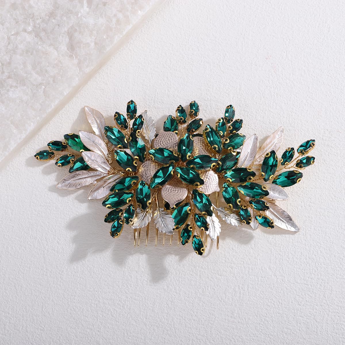 Xerling Handmade Wedding Green Rhinestone Hair Comb Floral Bridal Headpiece Brides Flower Hair Piece Accessories Vintage Side Comb for Women (Green)