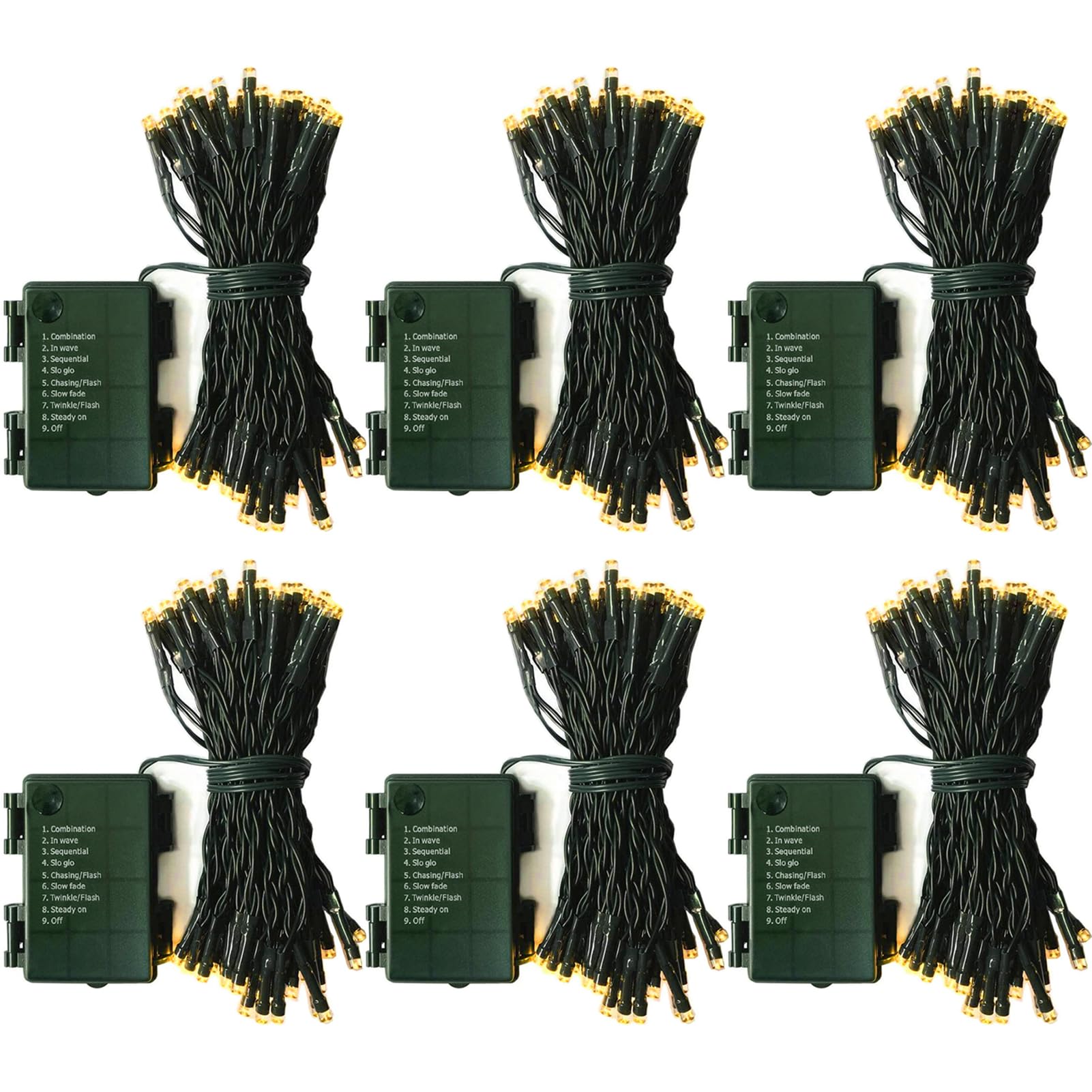 CCILAND Paquete de 6 tiras de luces de Navidad que funcionan con pilas, 5 m, 50 luces LED, cable verde oscuro con temporizador automático, dormitorio, árbol de Navidad, patio, decoración de festivales