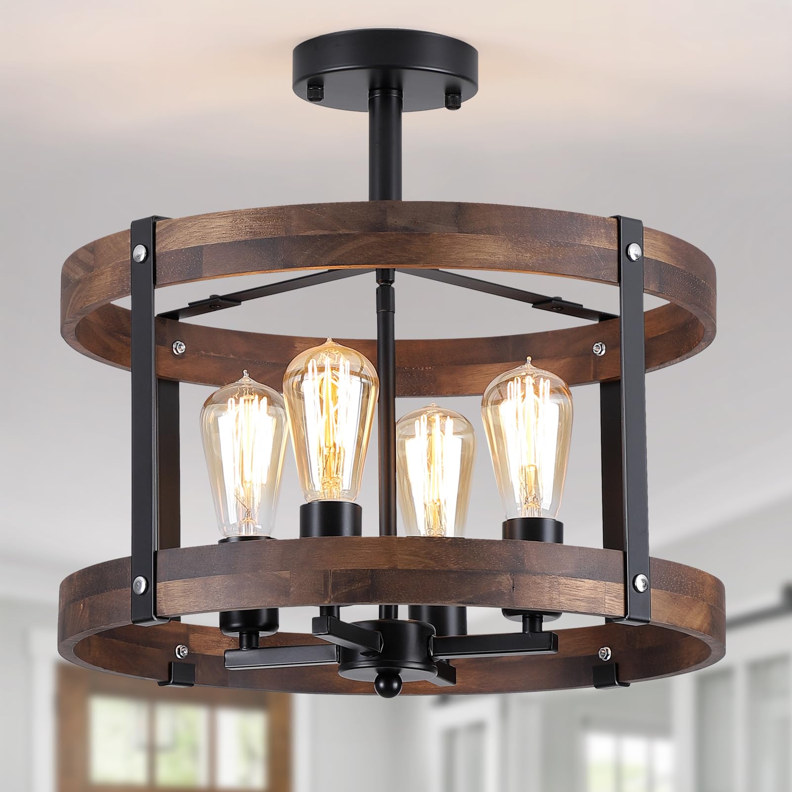 4-Light Large Rustic Farmhouse Flush Mount Ceiling Light Fixture 16.5 inch Oak Wood Round Drum Semi Flush Mount Ceiling Light for Bedroom Hallway Entry Dining Farmhouse Living Room, Black โ image 1