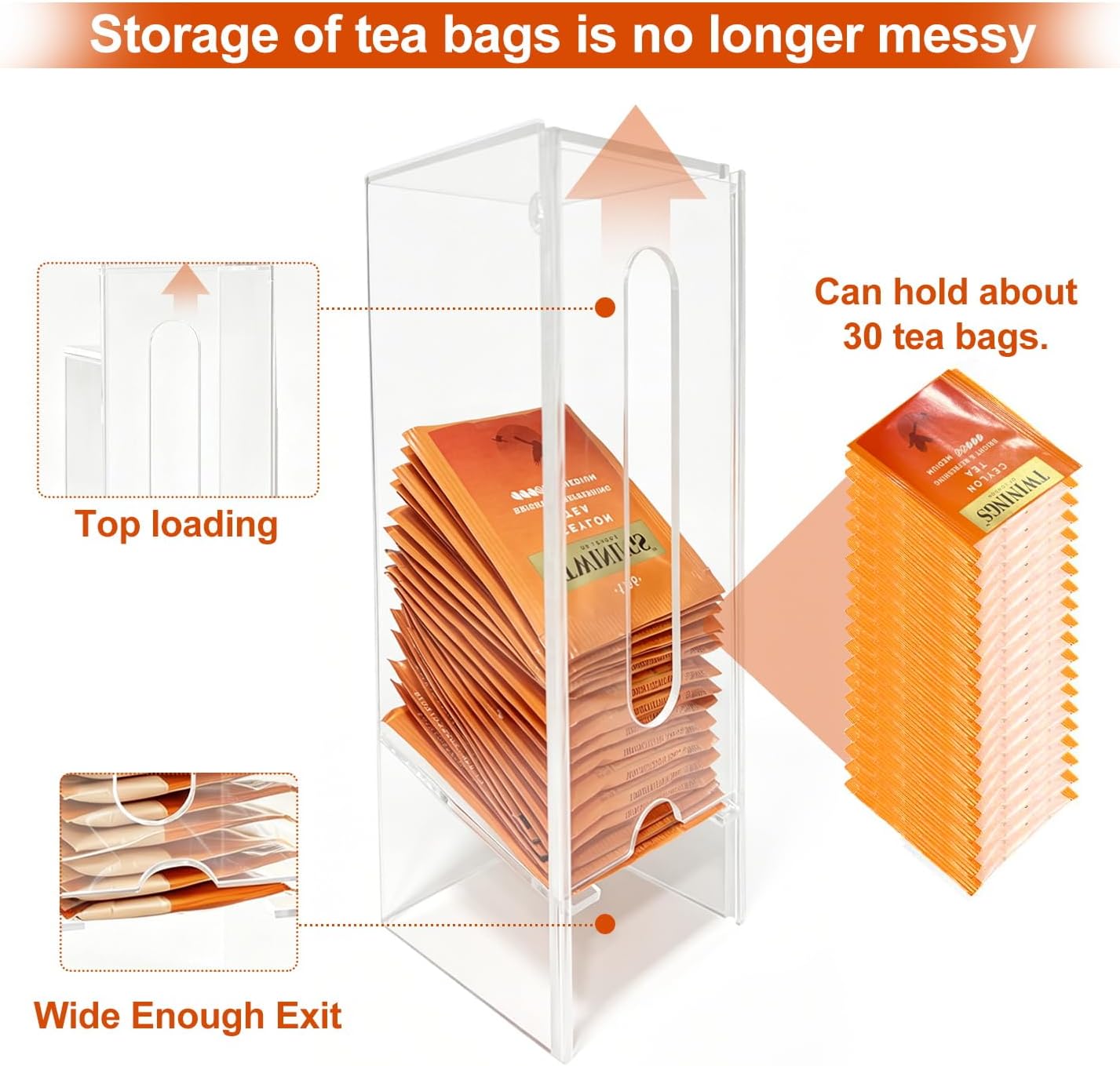 Tea Bag Organizer Dispenser, Clear Acrylic Stackable Tea Storage Box with Lid, Bottom Pull FIFO Design for Kitchen Cabinet, Pantry, Break Room & Office image 3